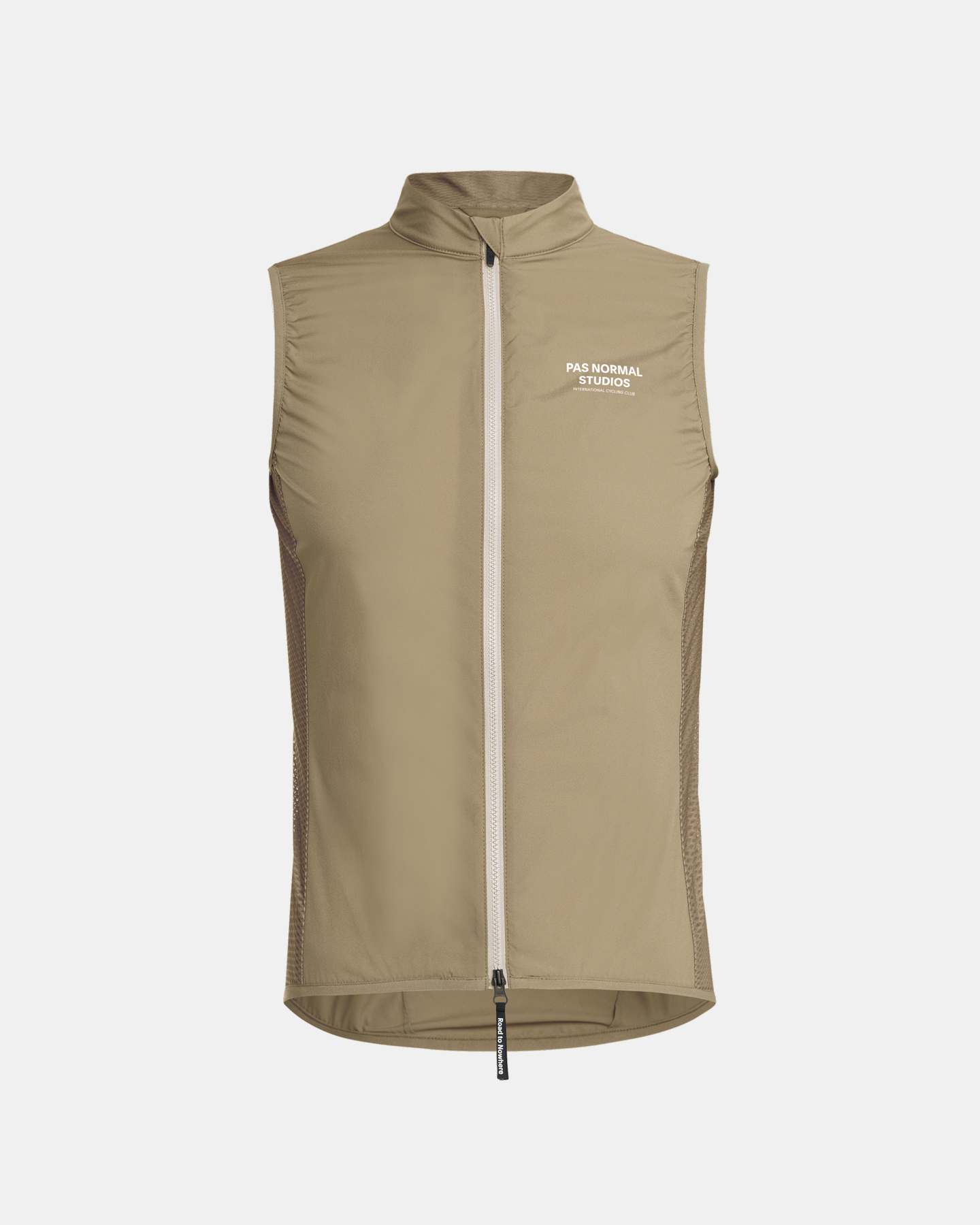 Beige Mechanism Stow Away gilet, front view with white chest logo and mesh side panels