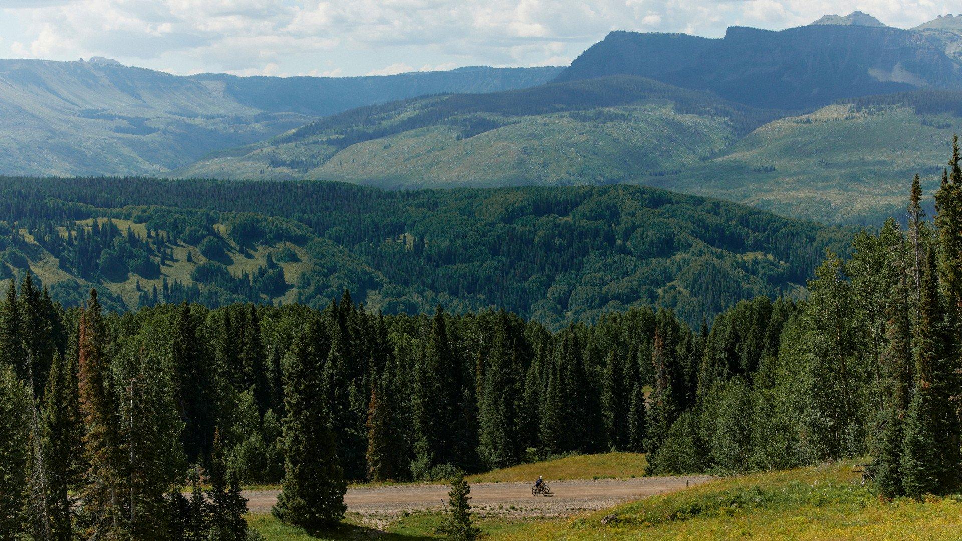 Cyclist riding through mountain landscape with forested valleys and distant peaks