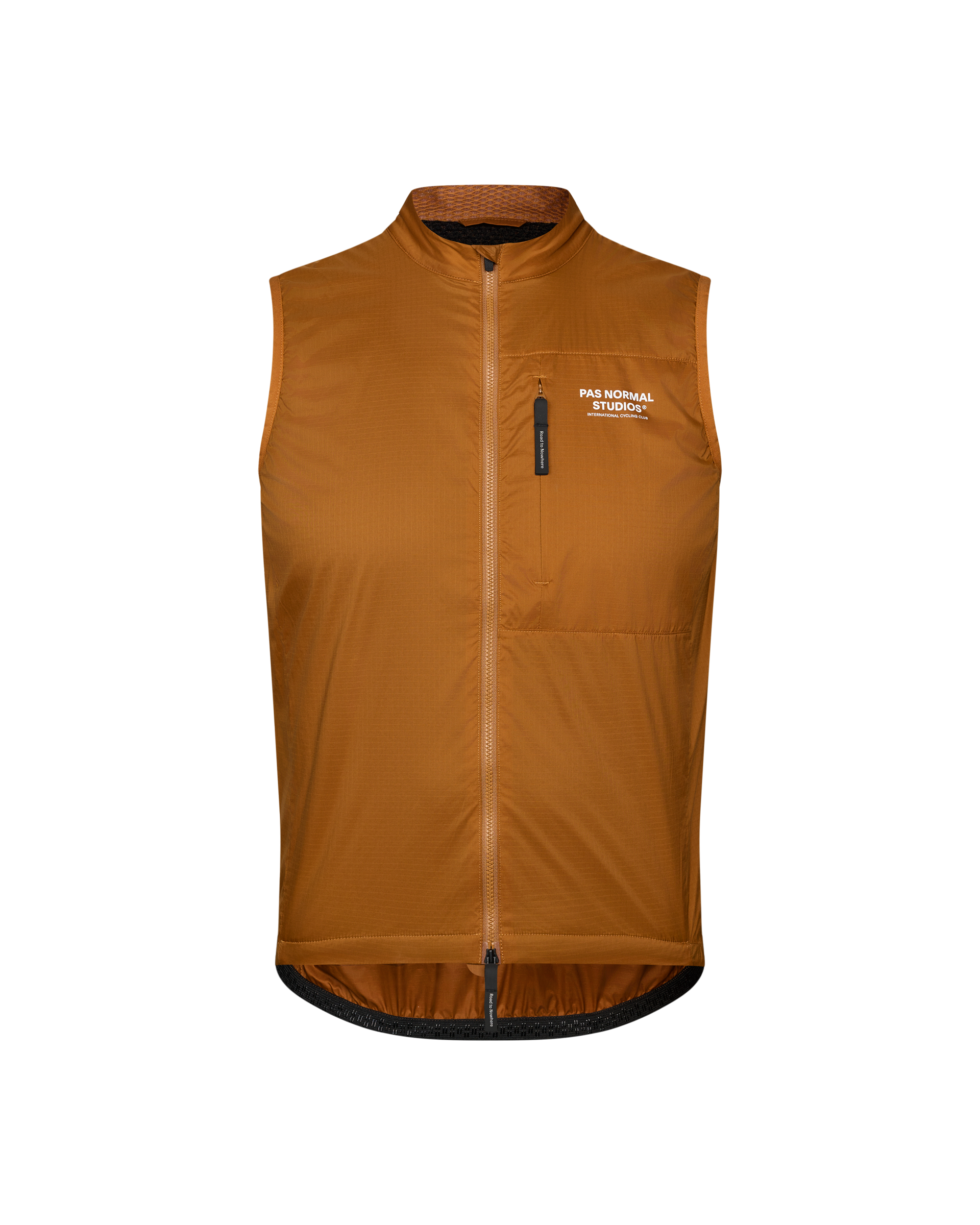 Brown Essential Insulated cycling gilet, front view with chest pocket and white logo