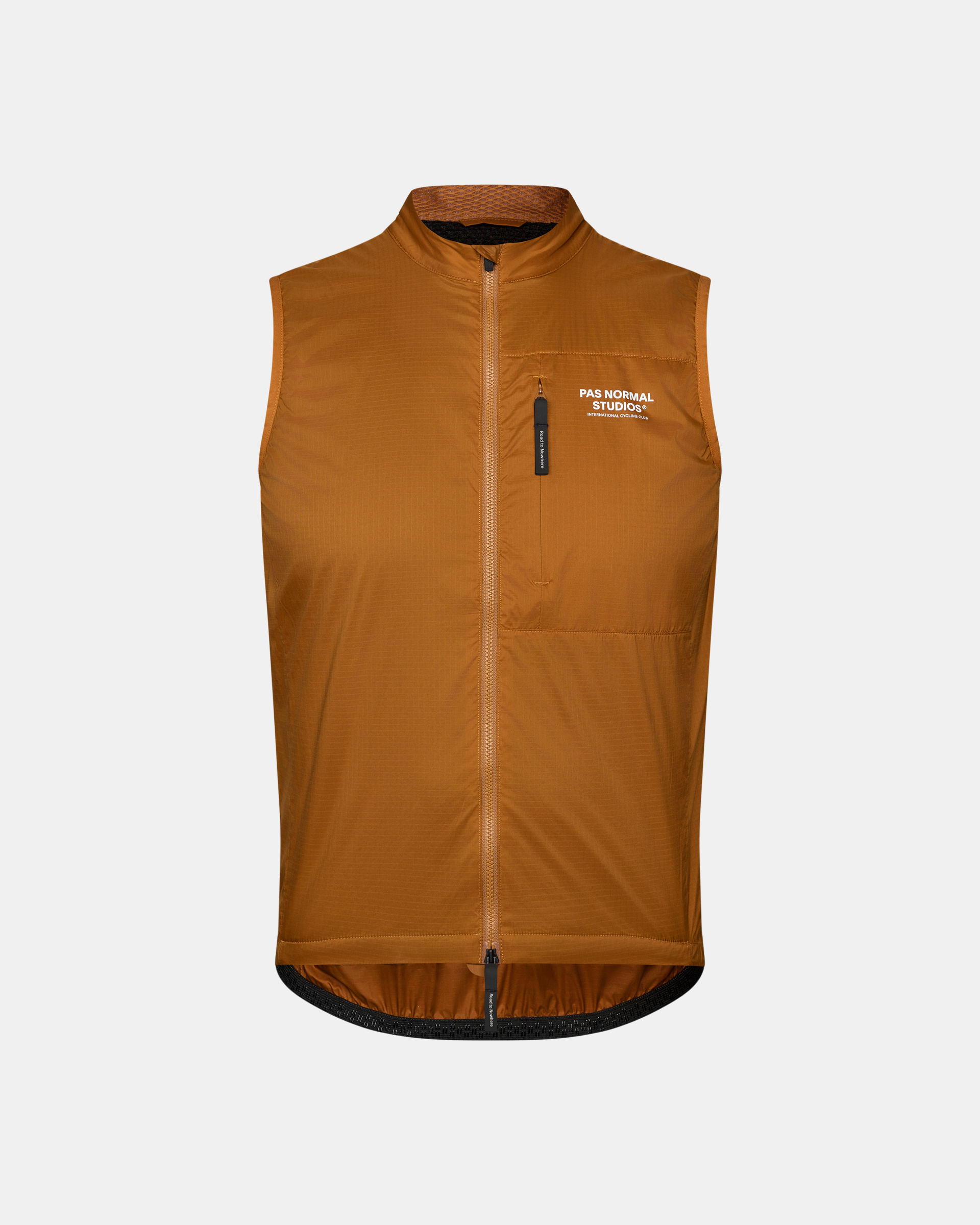 Brown Essential Insulated cycling gilet, front view with chest pocket and white logo