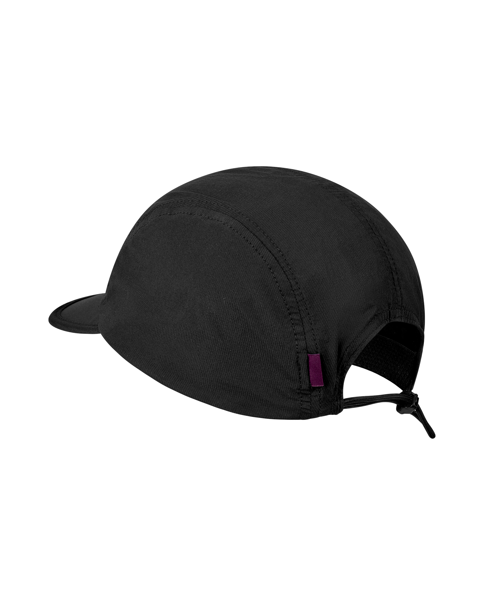 Black Balance cap, three-quarter view with cord adjuster and purple tab detail