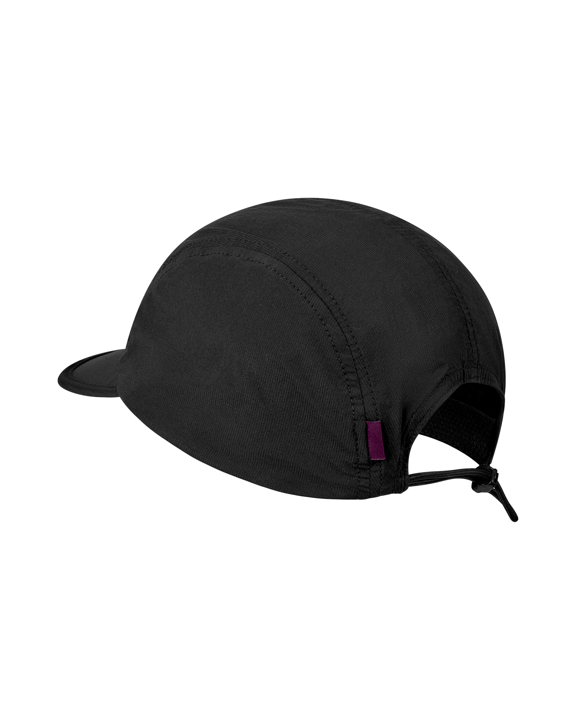 Black Balance cap, three-quarter view with cord adjuster and purple tab detail