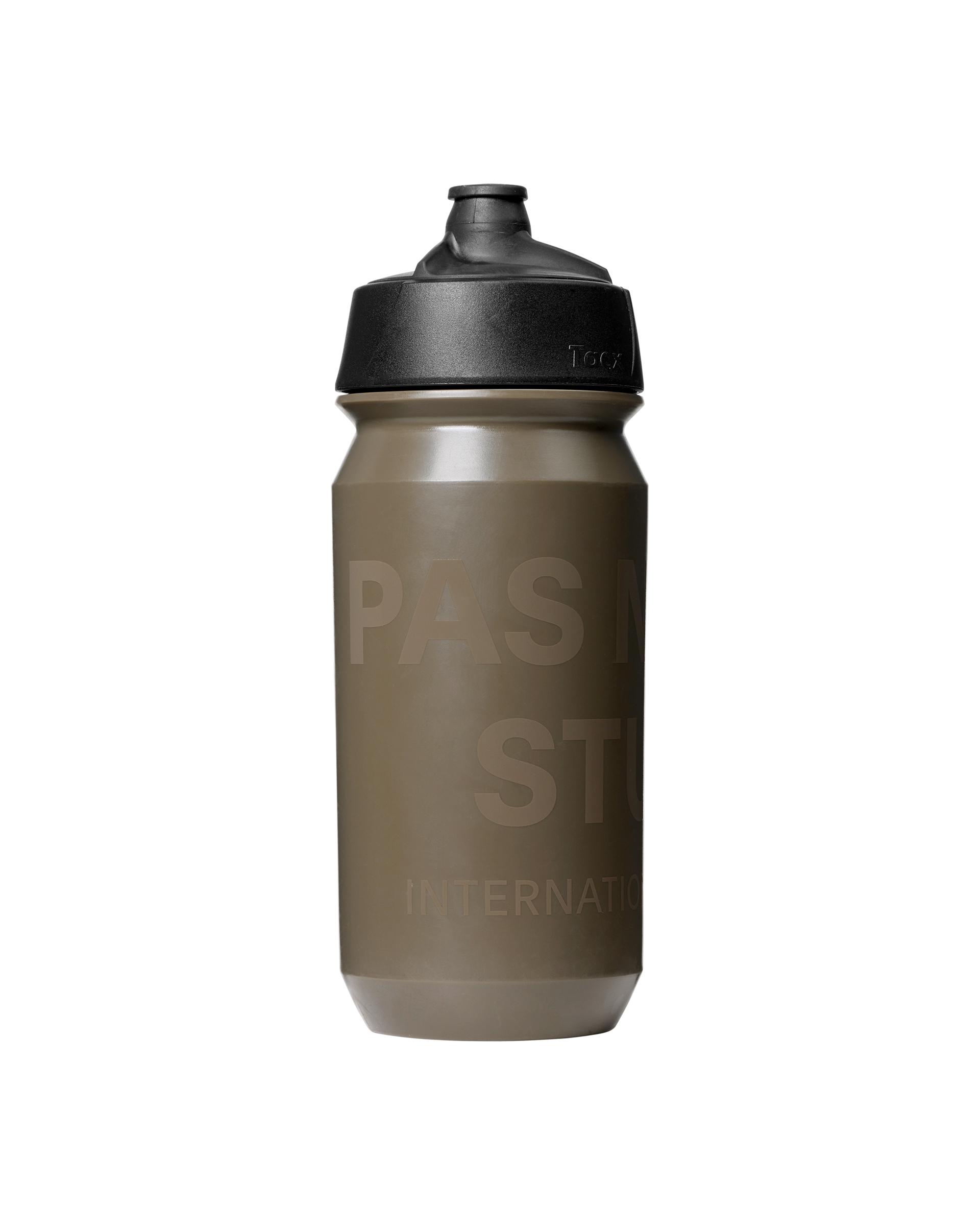 Brown Essential Logo cycling bottle with black cap and embossed PAS branding