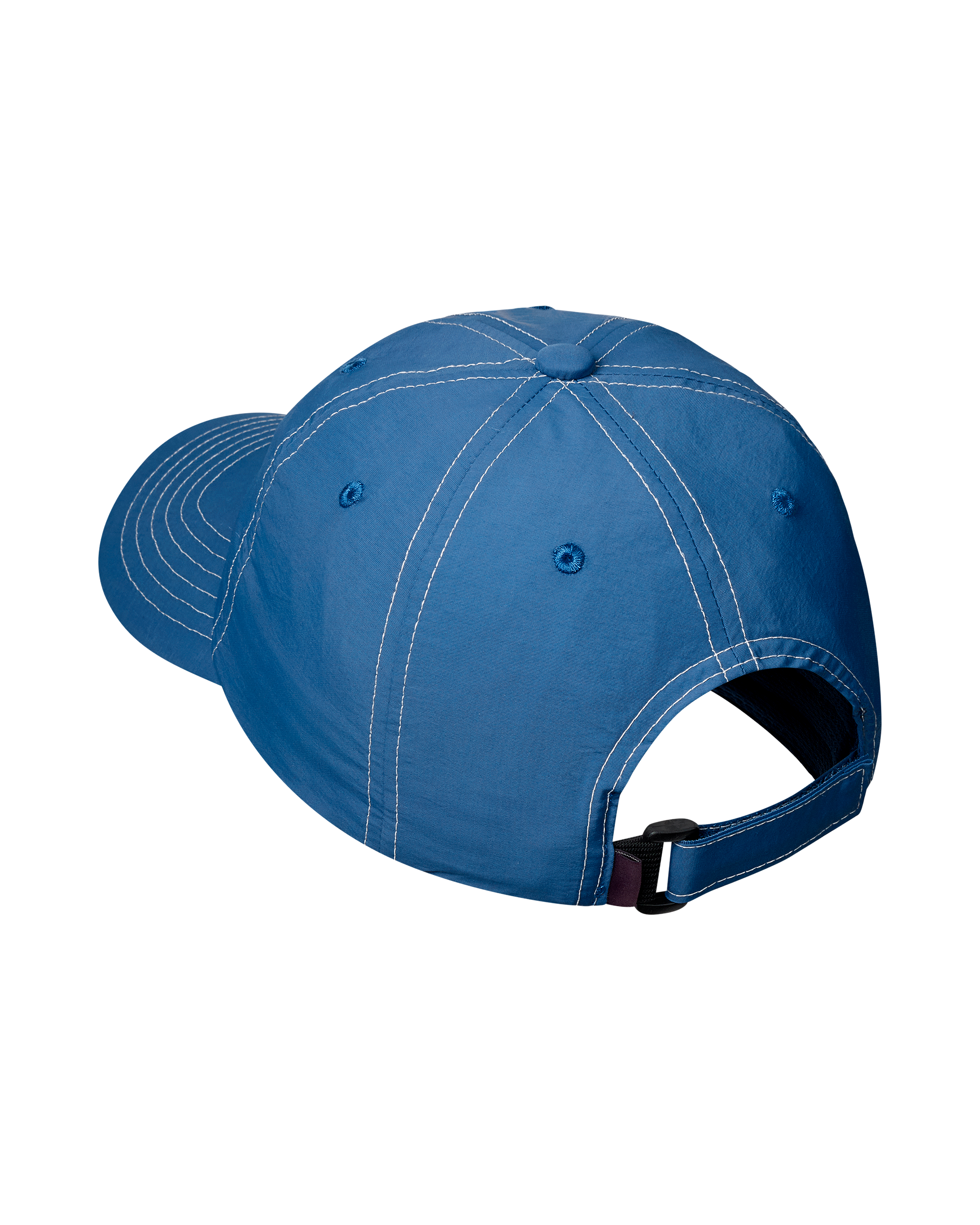 Ocean Blue Off-Race cap, rear three-quarter view with white contrast stitching and adjustable buckle strap
