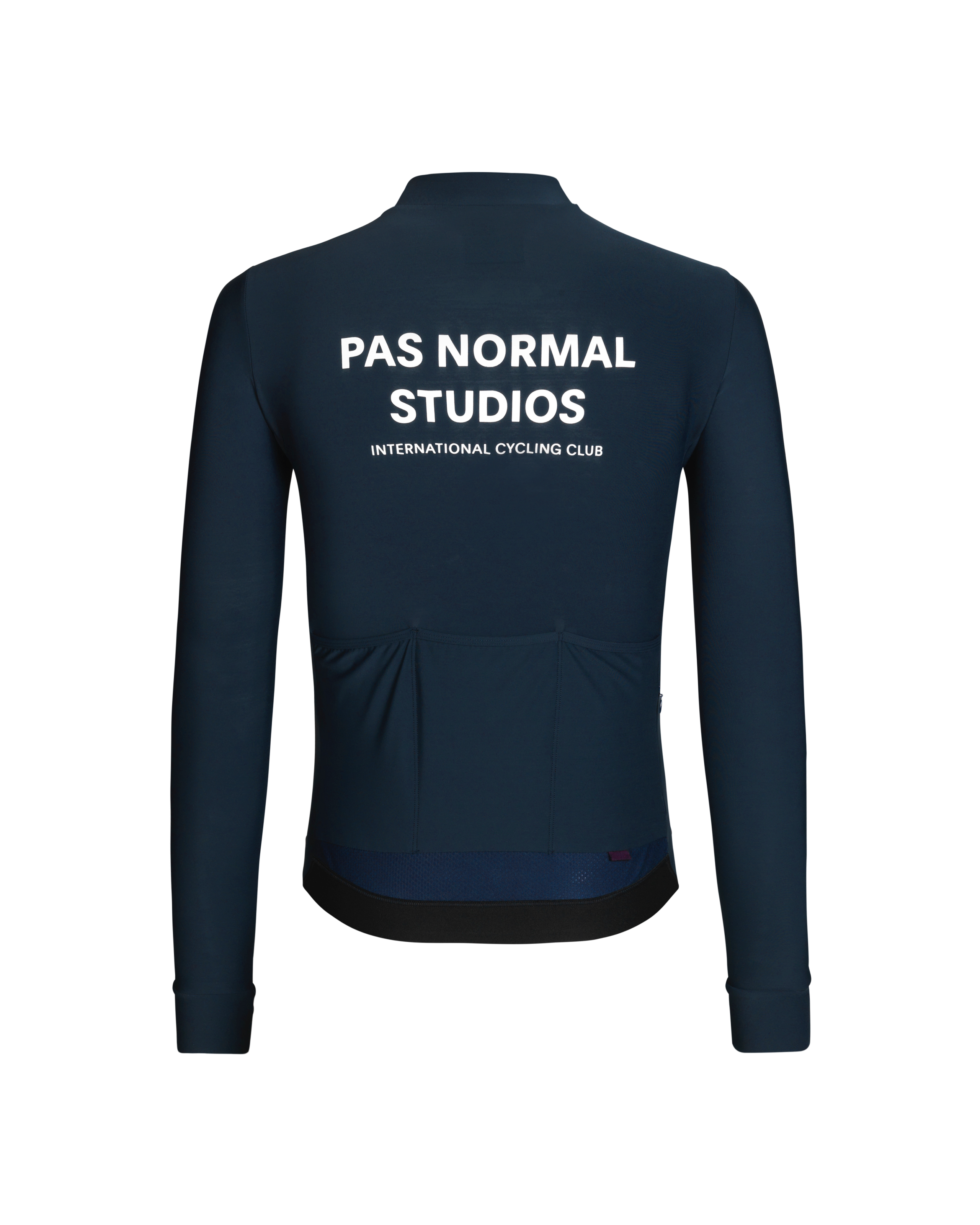 Navy Mechanism long sleeve cycling jersey, rear view with white logo print