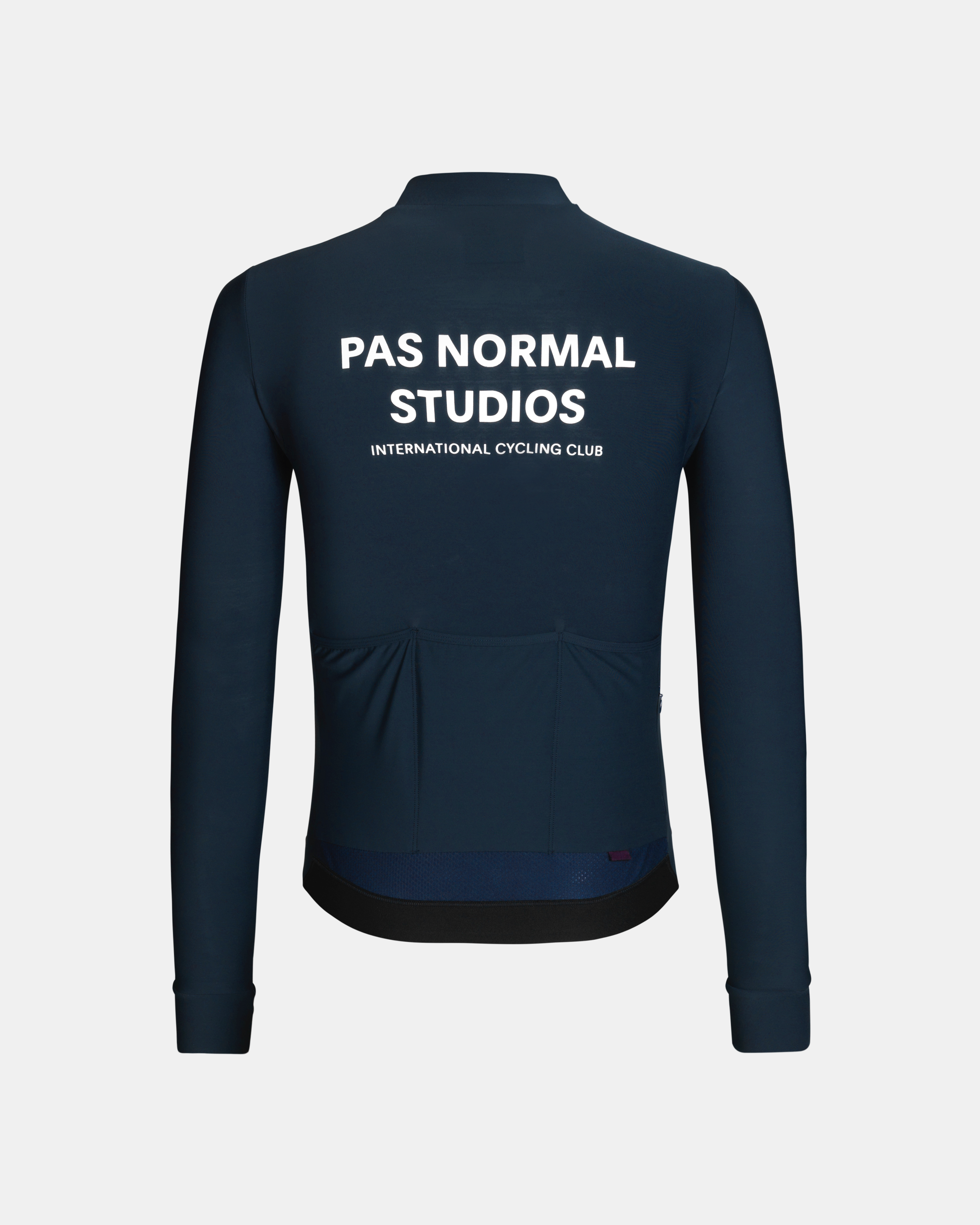 Navy Mechanism long sleeve cycling jersey, rear view with white logo print
