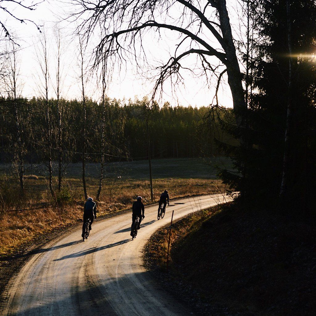 Three cyclists riding on country road through rural landscape at golden hour