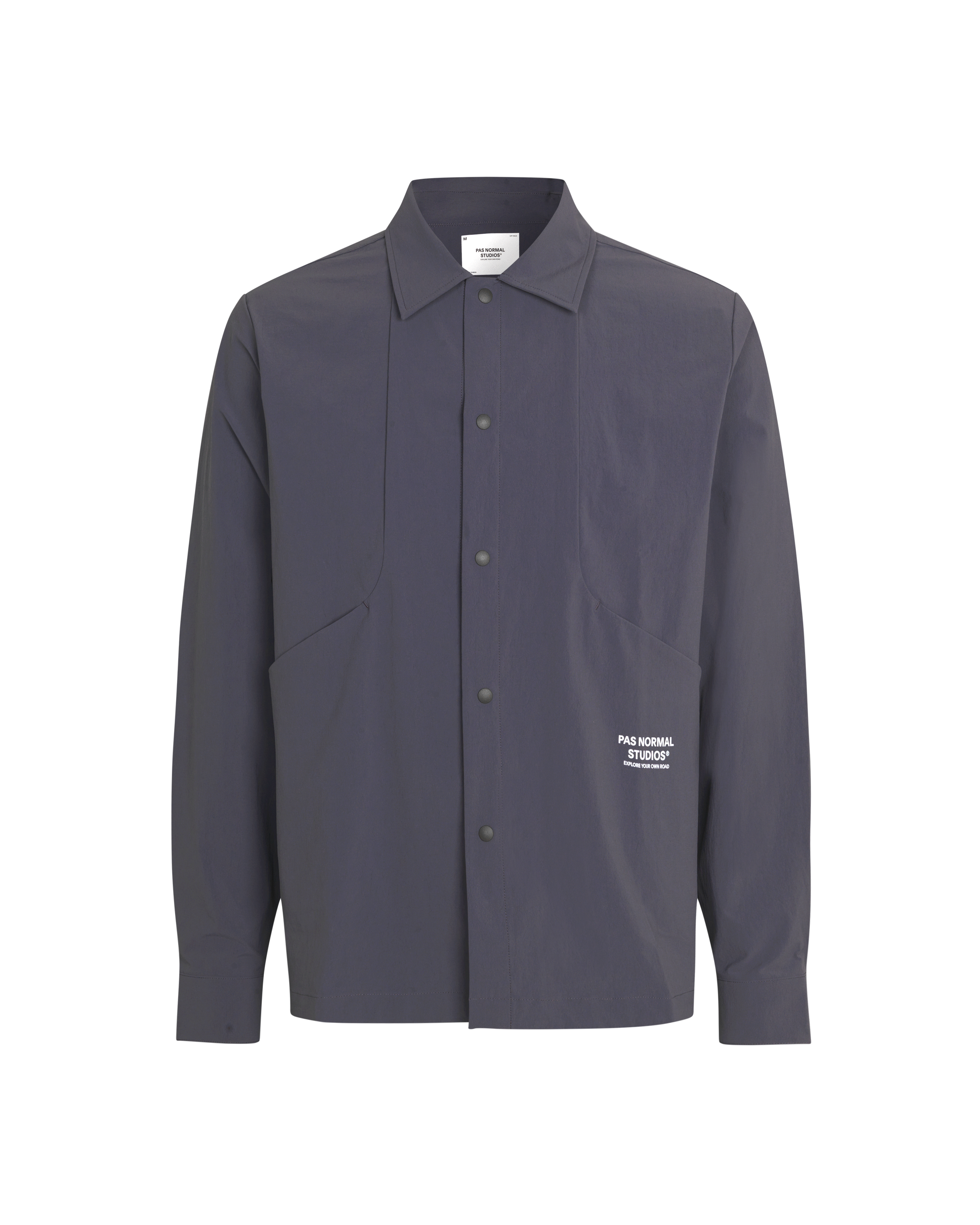 Grey Off-Race Tech Overshirt, front view with snap button closure and chest pockets