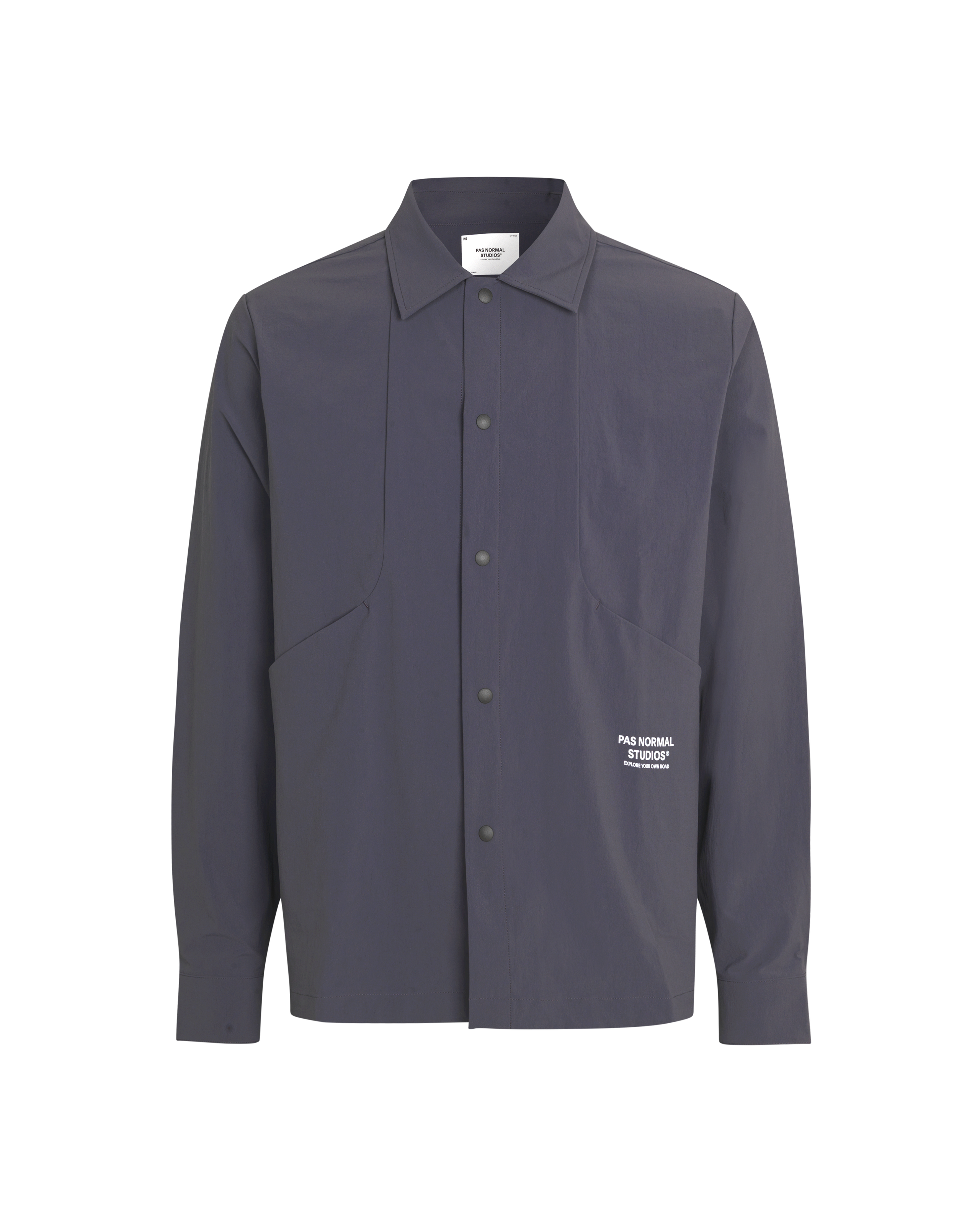 Grey Off-Race Tech Overshirt, front view with snap button closure and chest pockets