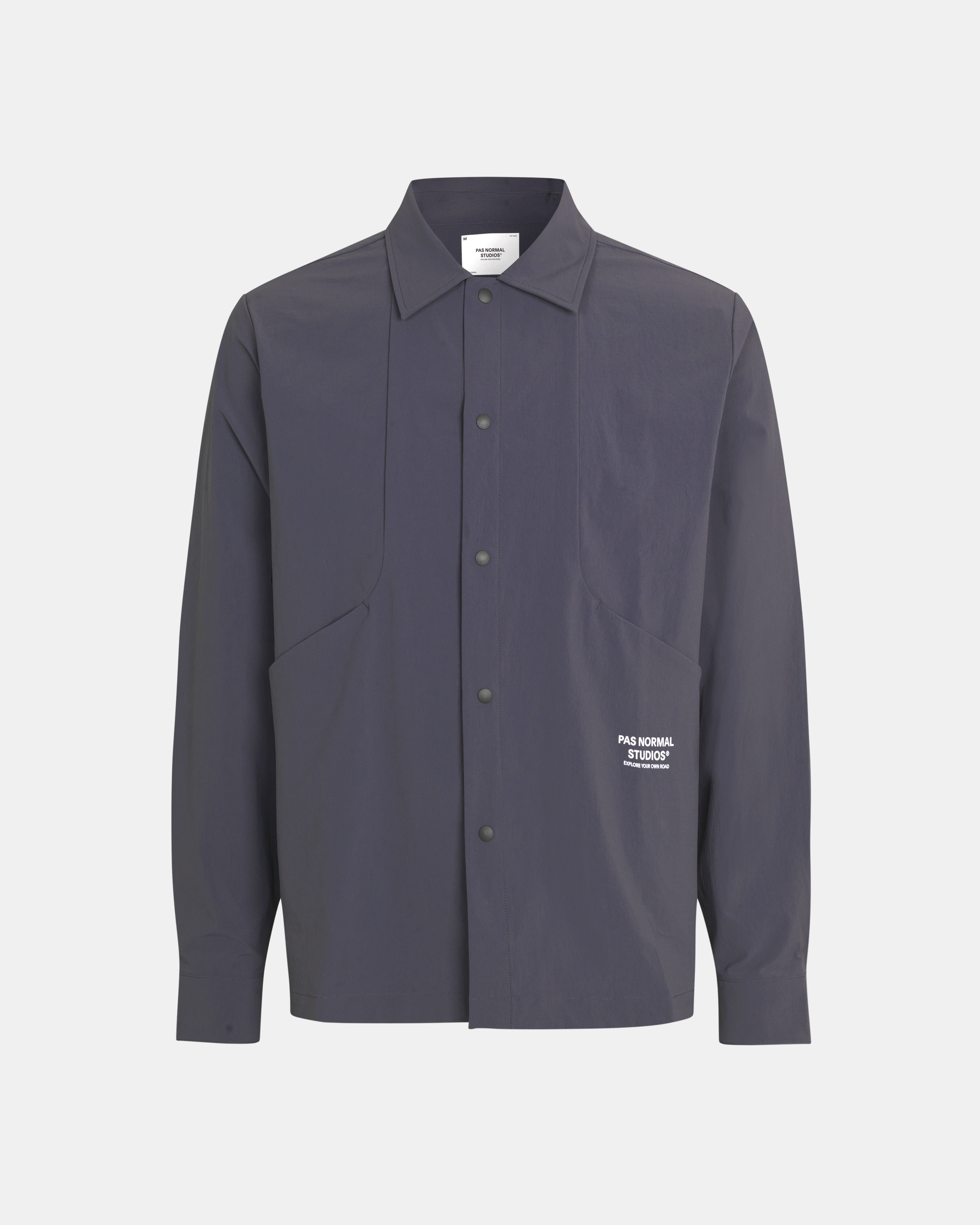 Grey Off-Race Tech Overshirt, front view with snap button closure and chest pockets
