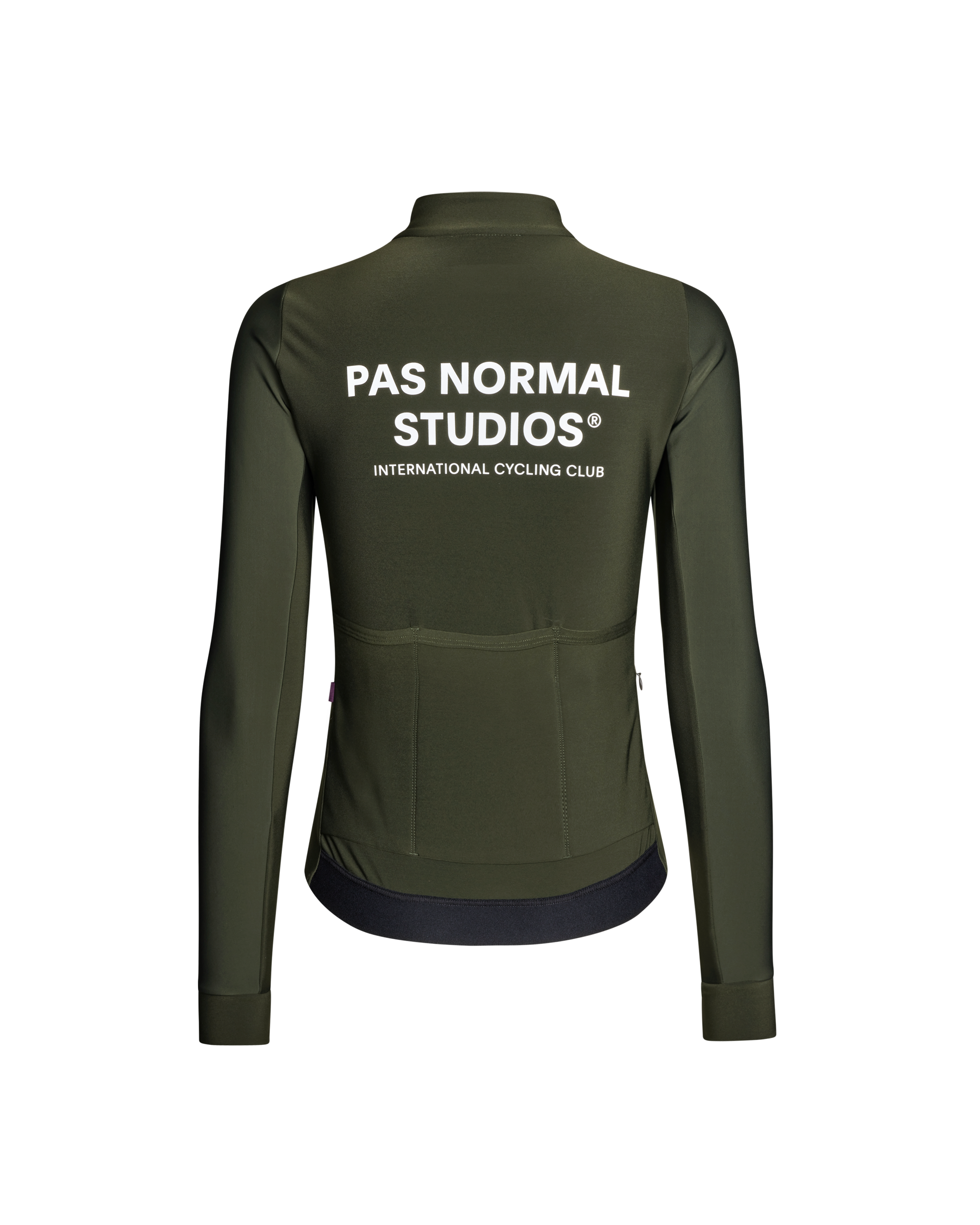 Dark Olive Mechanism Thermal long sleeve cycling jersey, rear view with white back print