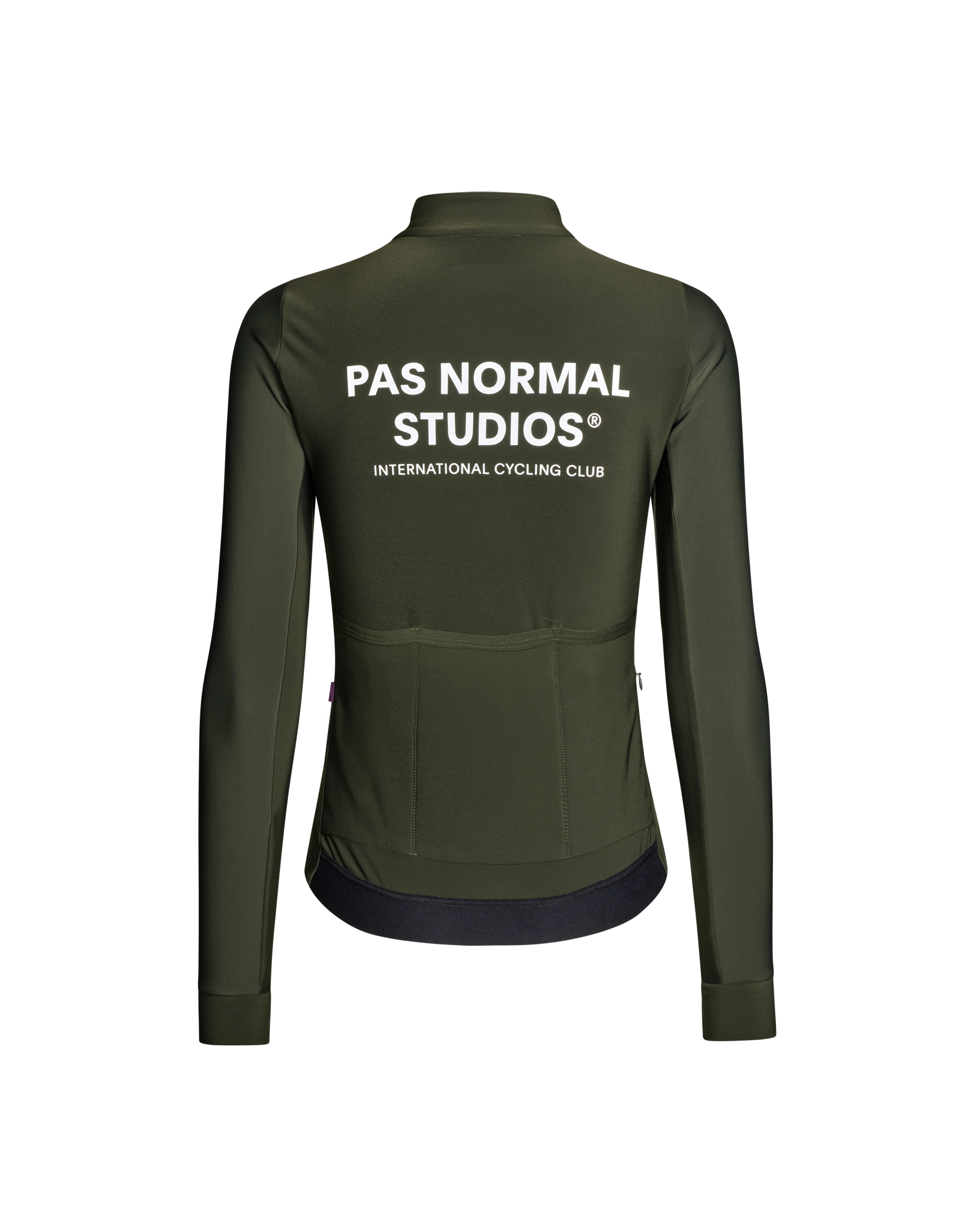 Dark Olive Mechanism Thermal long sleeve cycling jersey, rear view with white back print
