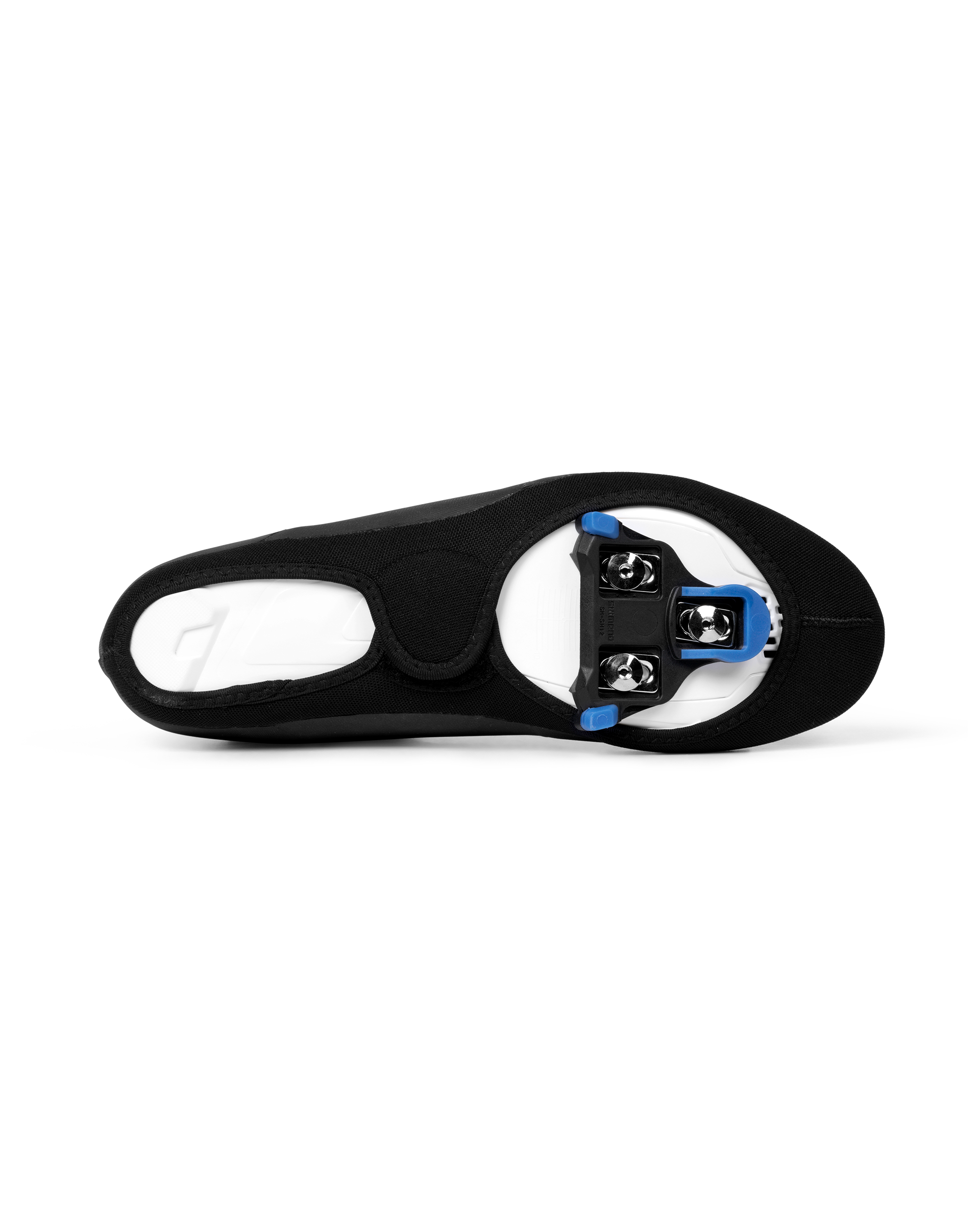 Black Logo Heavy cycling overshoe, sole view showing cleat cutout with blue road cleat fitted