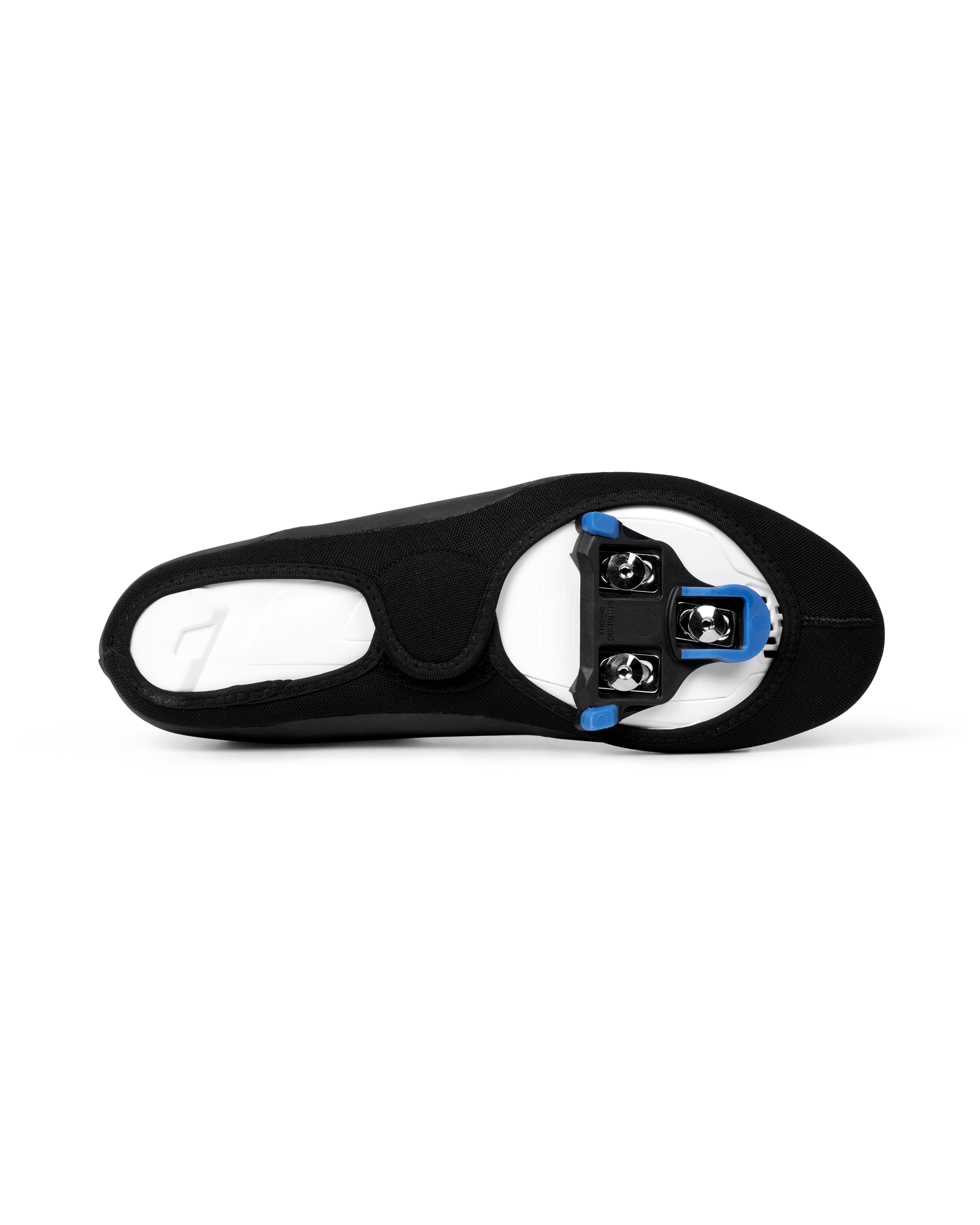 Black Logo Heavy cycling overshoe, sole view showing cleat cutout with blue road cleat fitted