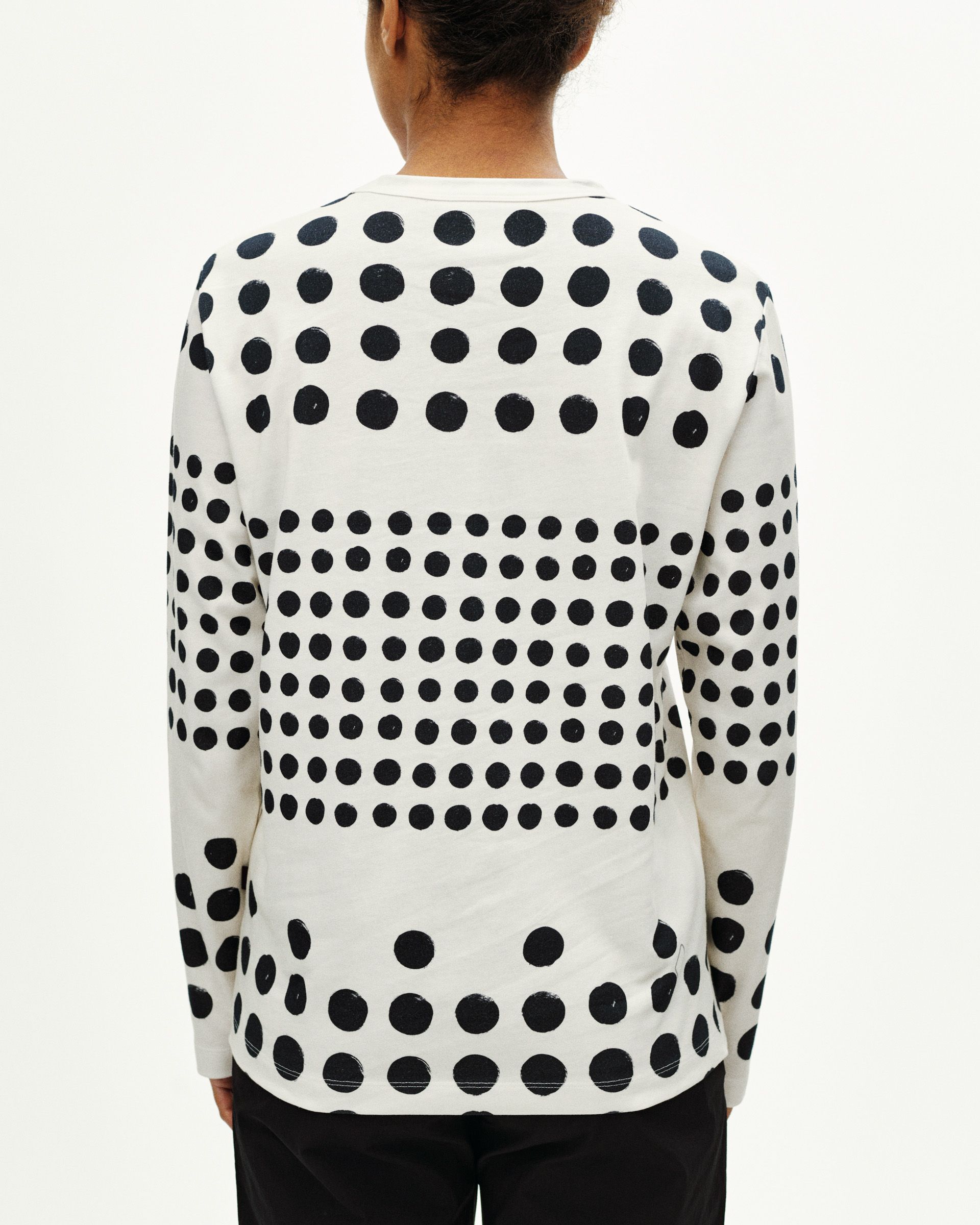 Off White Off-Race Graphic long sleeve t-shirt, rear view on model with black polka dot print