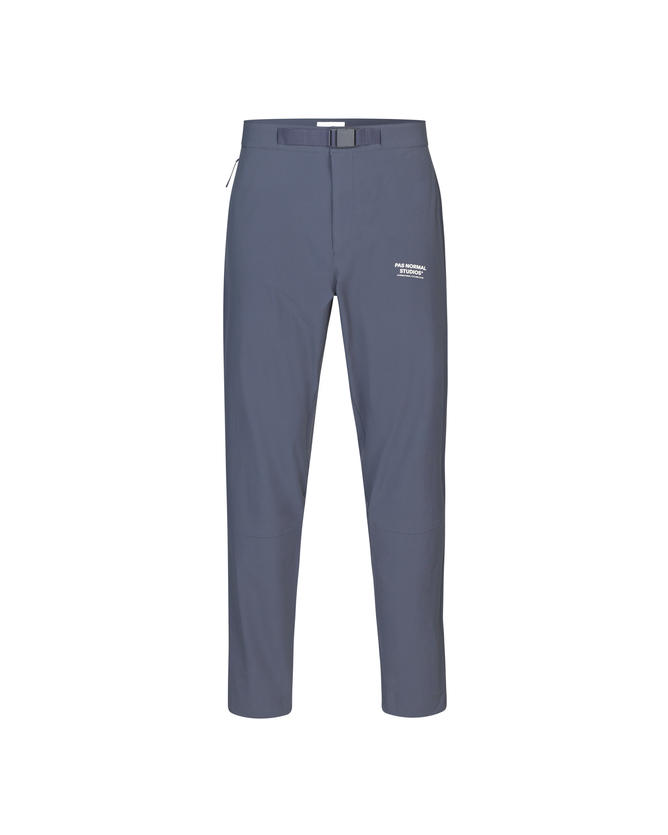Blue Off-Race pants, front flat lay with adjustable waist belt