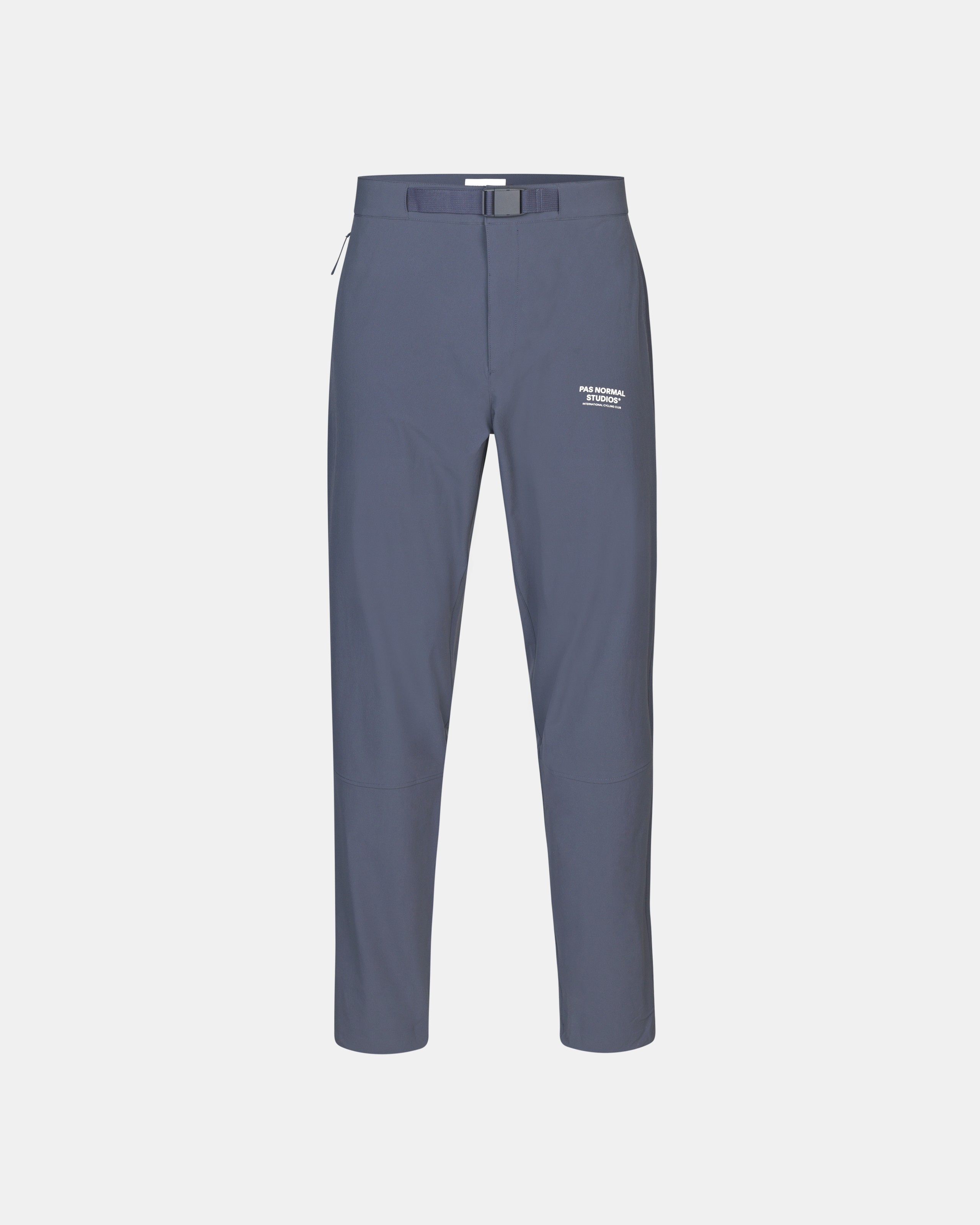 Blue Off-Race pants, front flat lay with adjustable waist belt