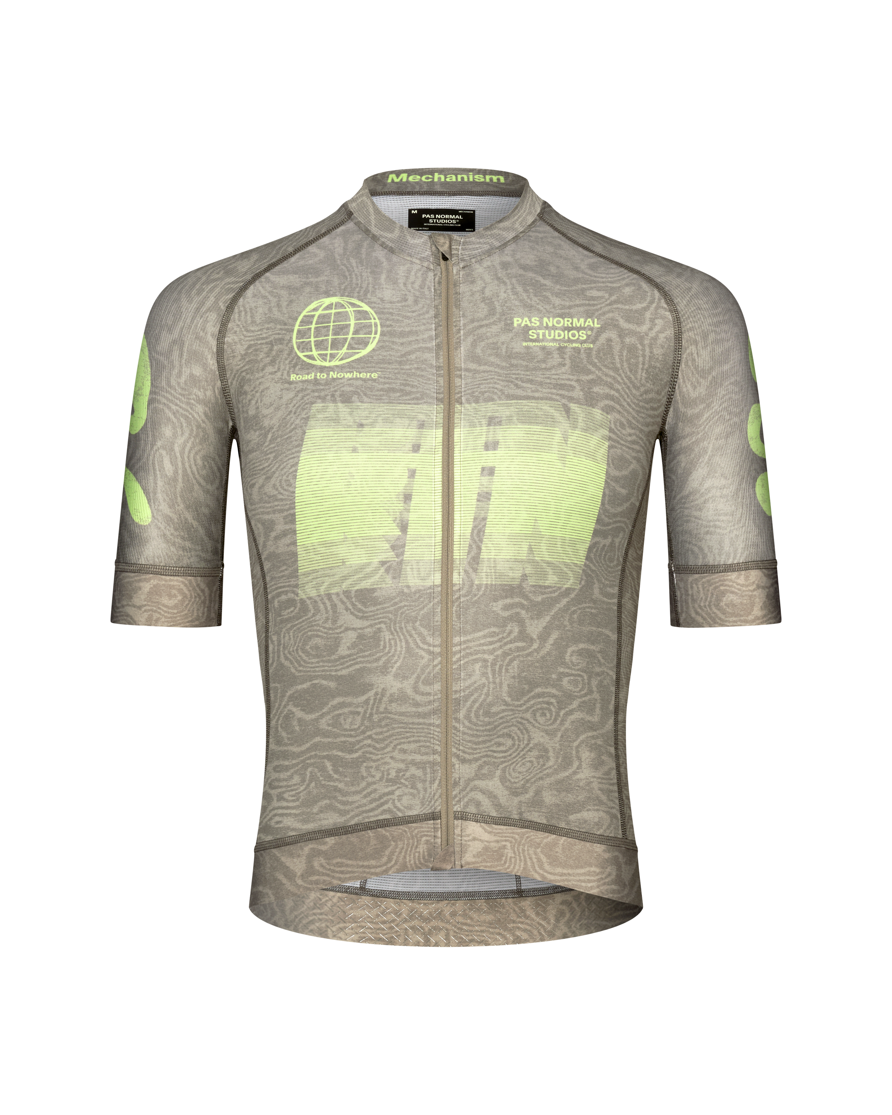 Brown Mechanism cycling jersey, front flat lay with green Road to Nowhere graphic print and topographic pattern