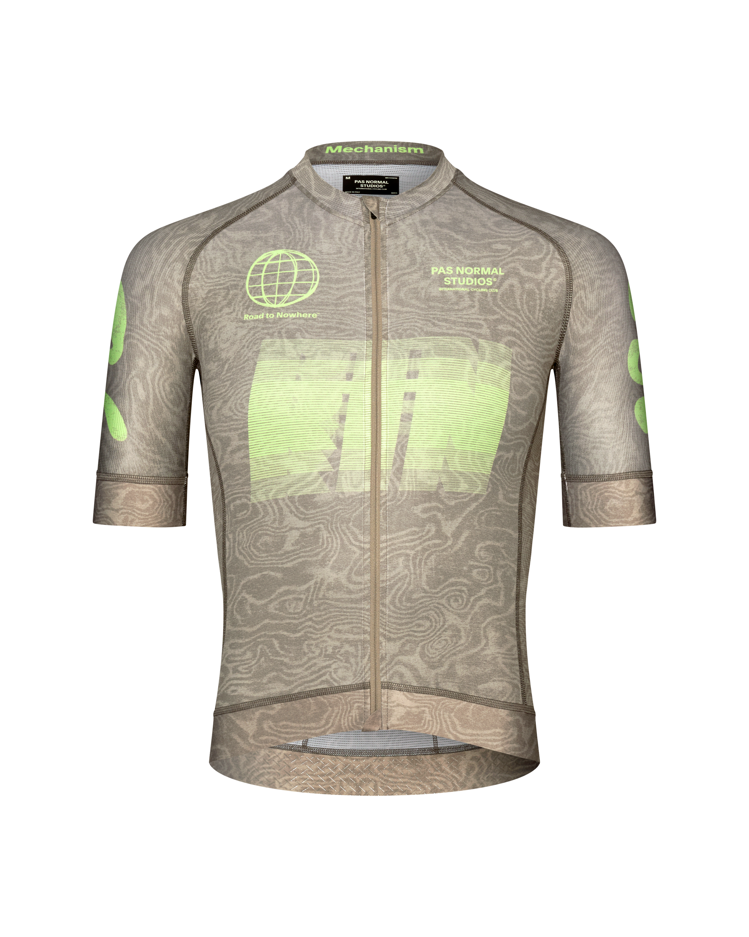 Brown Mechanism cycling jersey, front flat lay with green Road to Nowhere graphic print and topographic pattern