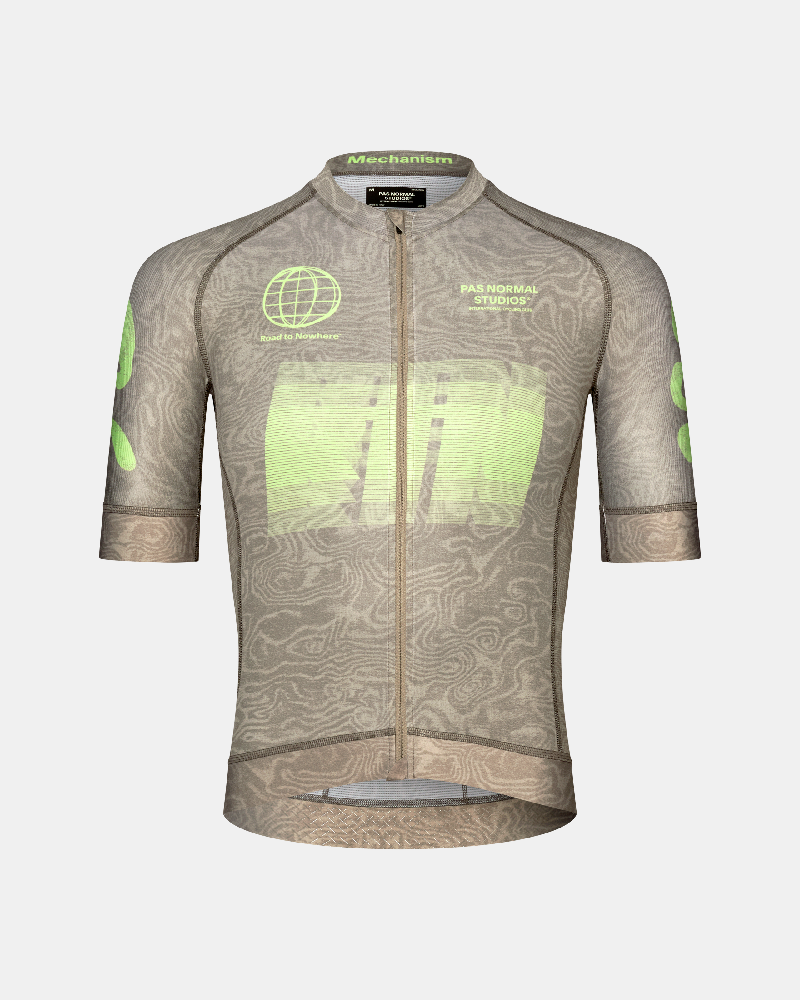 Brown Mechanism cycling jersey, front flat lay with green Road to Nowhere graphic print and topographic pattern