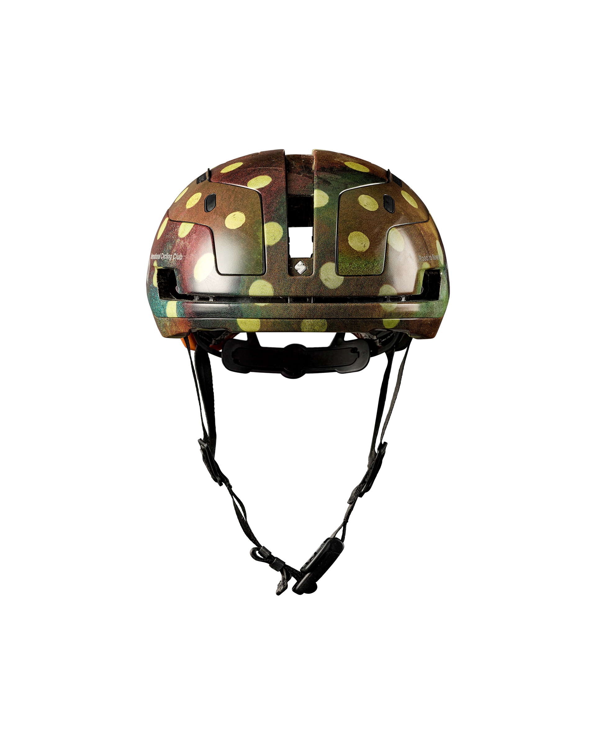 Brown T.K.O. Falconer Aero 2Vi cycling helmet, front view with camouflage polka dot pattern