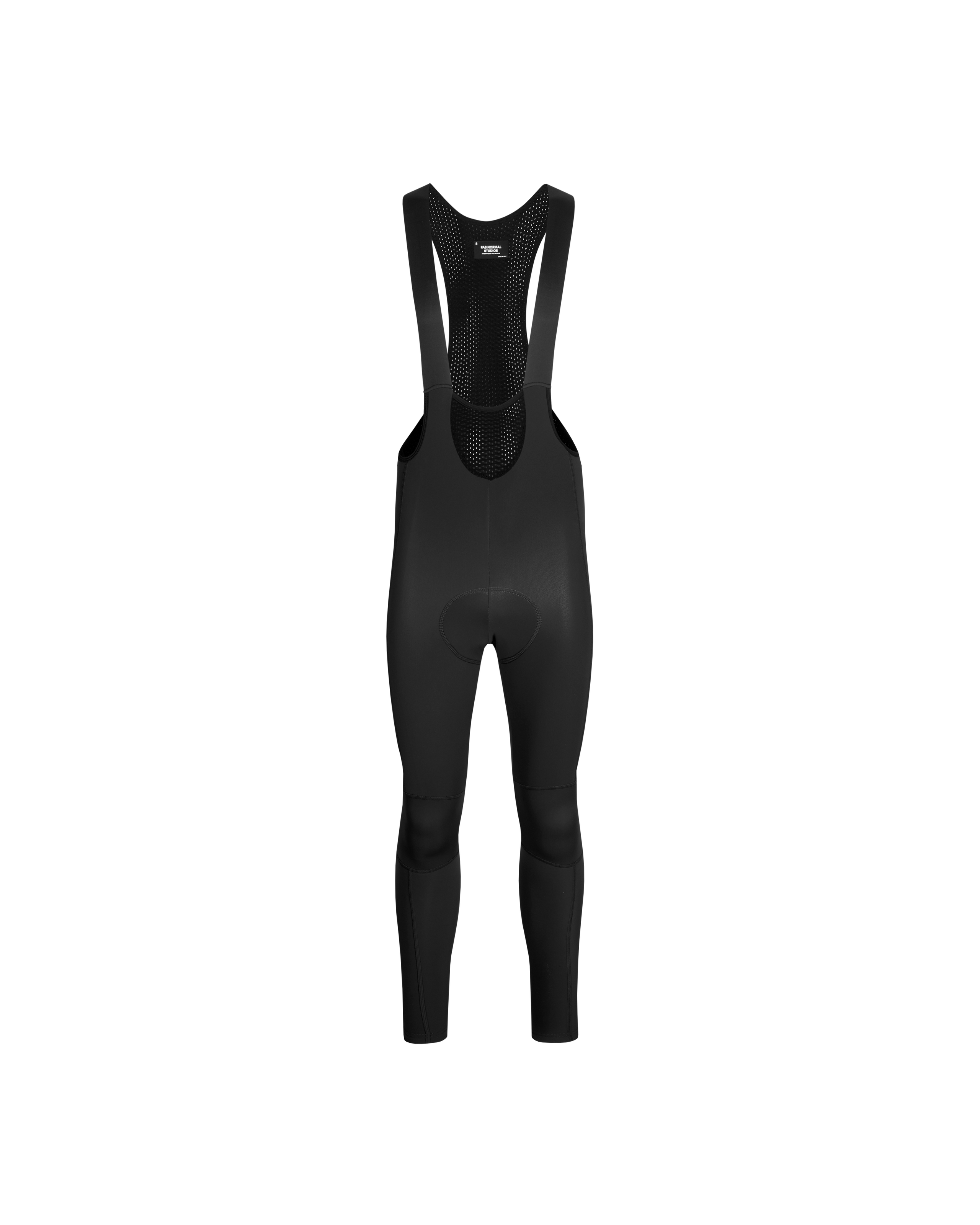 Black Mechanism Deep Winter Long cycling bibs, front flat lay with mesh bib panel