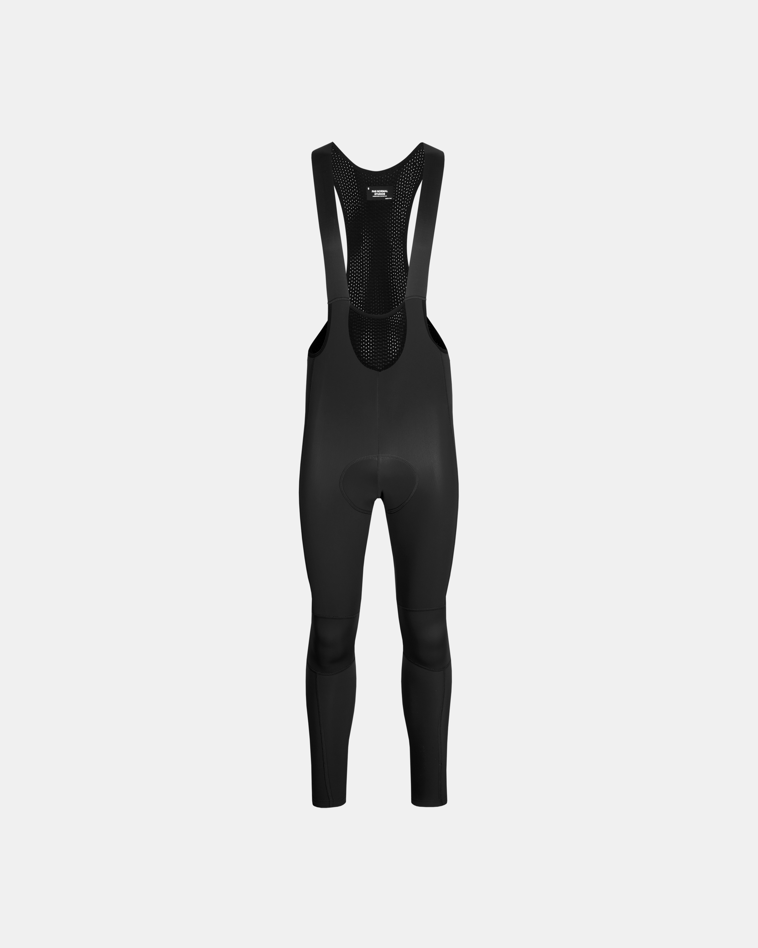 Black Mechanism Deep Winter Long cycling bibs, front flat lay with mesh bib panel