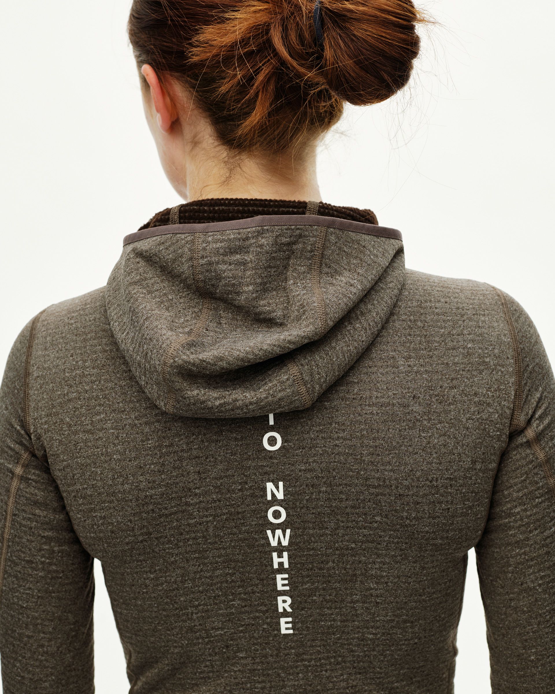 Dark Coffee brown Thermal Hooded Baselayer Windproof on model, rear view with vertical back text print
