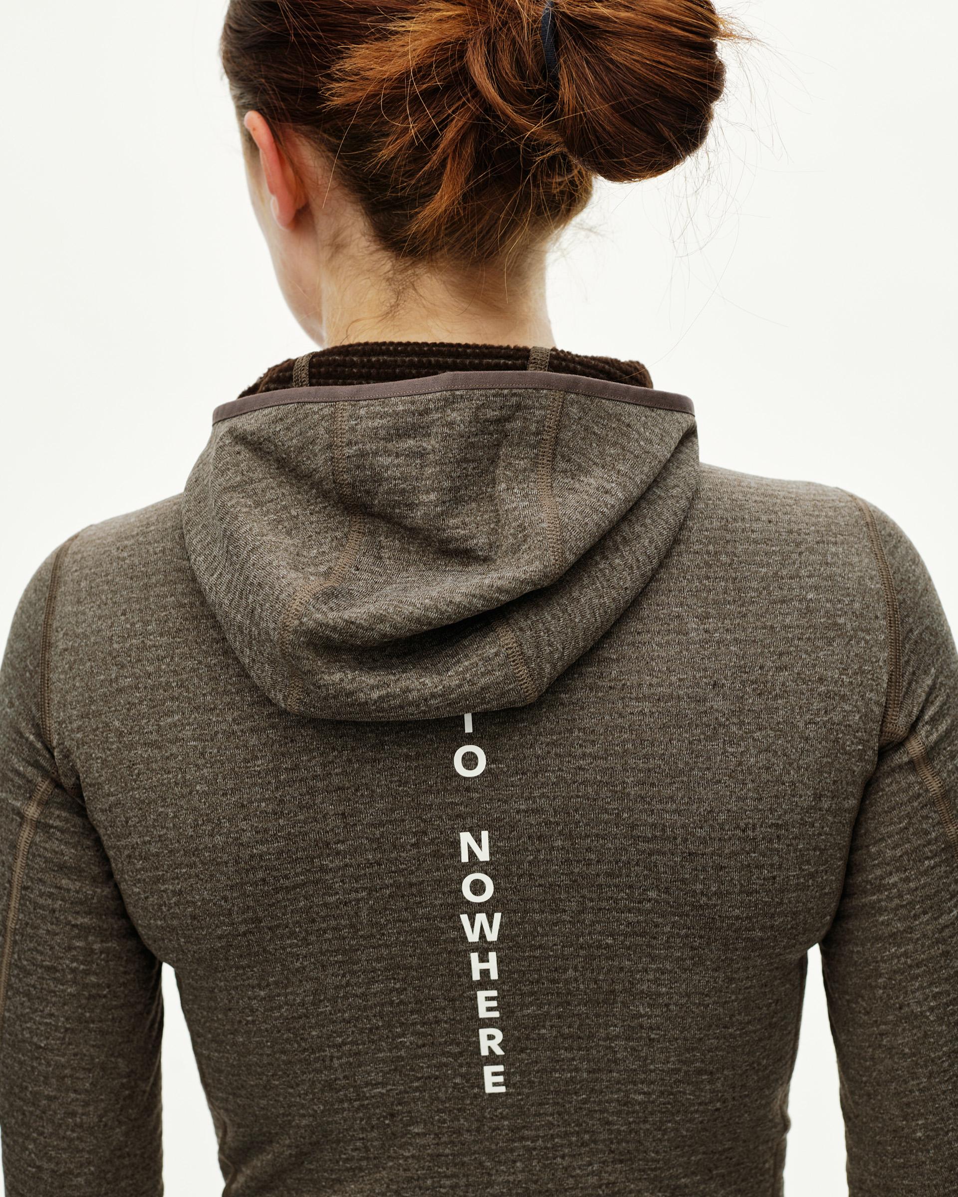Dark Coffee brown Thermal Hooded Baselayer Windproof on model, rear view with vertical back text print