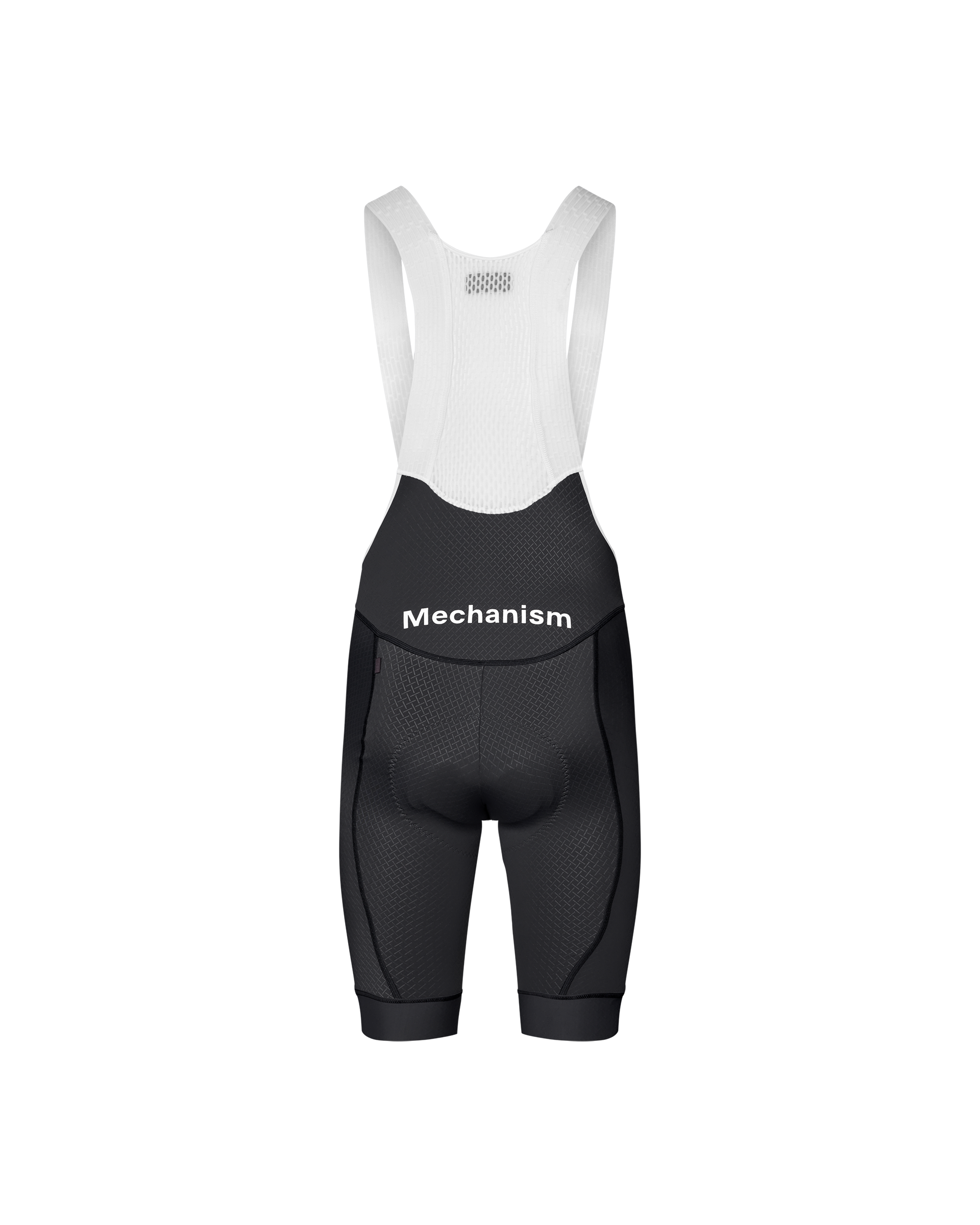 Dark Navy Mechanism cycling bibs, rear flat lay with white bib straps and white chest print