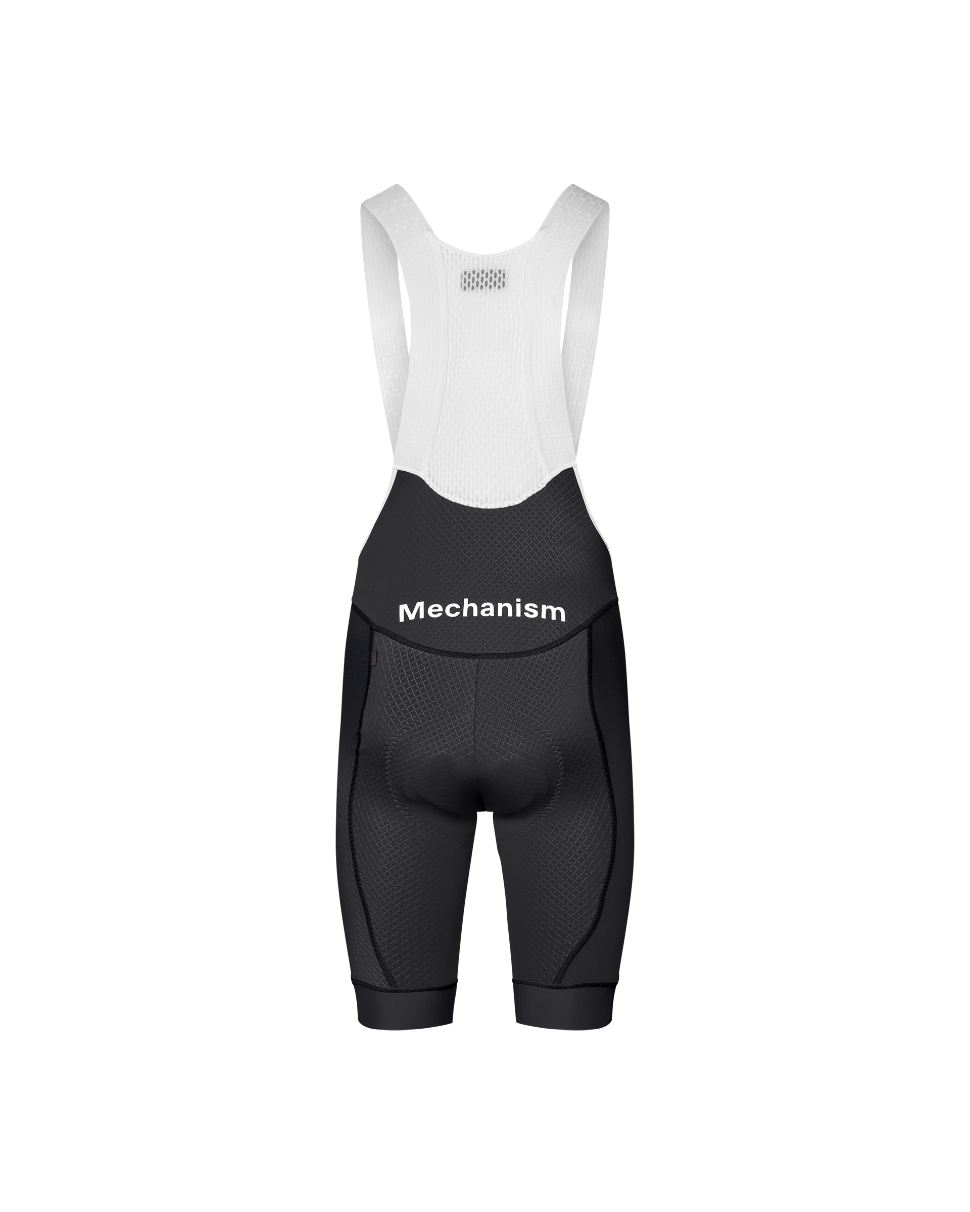 Dark Navy Mechanism cycling bibs, rear flat lay with white bib straps and white chest print