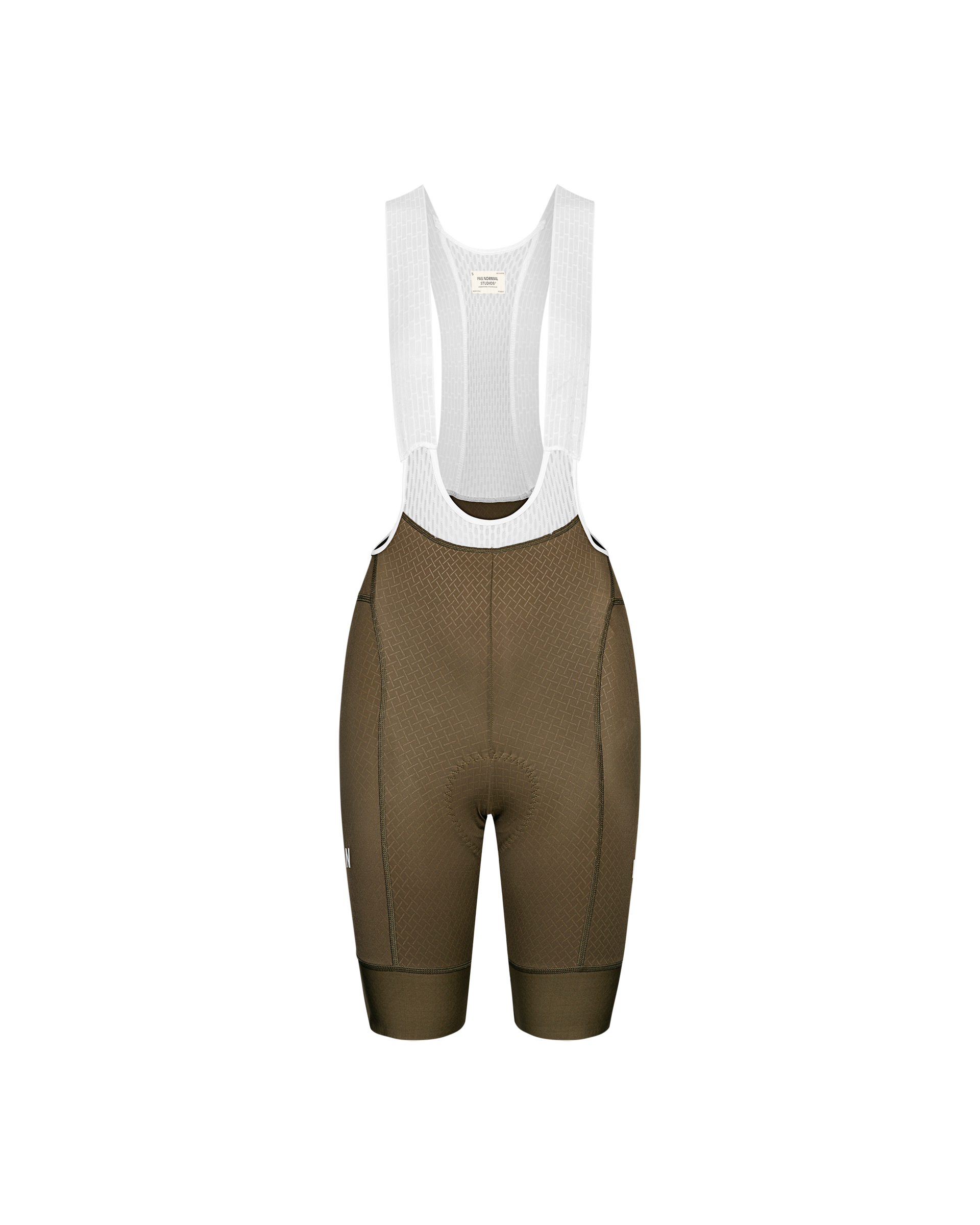 Brown Mechanism cycling bibs, front flat lay with white mesh straps