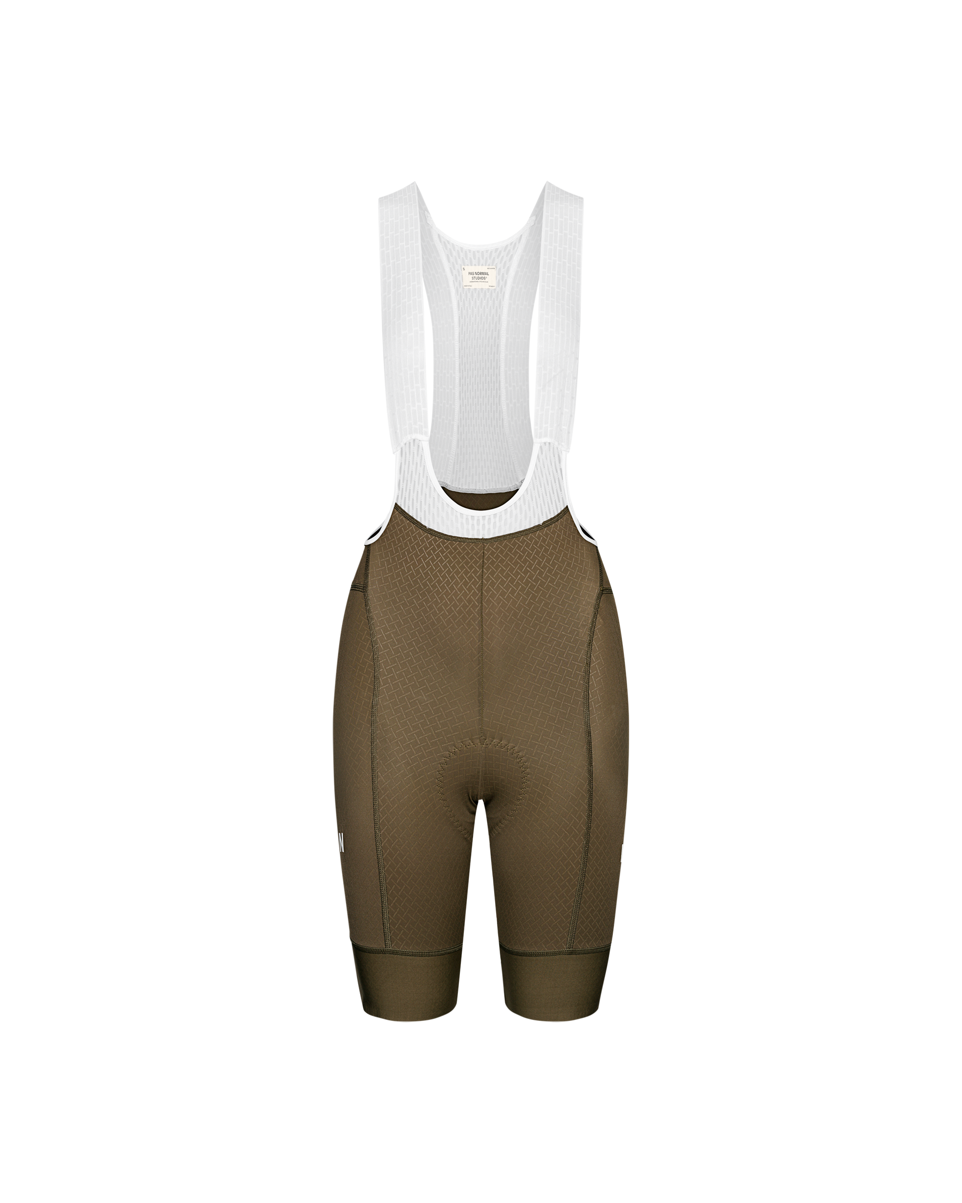 Brown Mechanism cycling bibs, front flat lay with white mesh straps