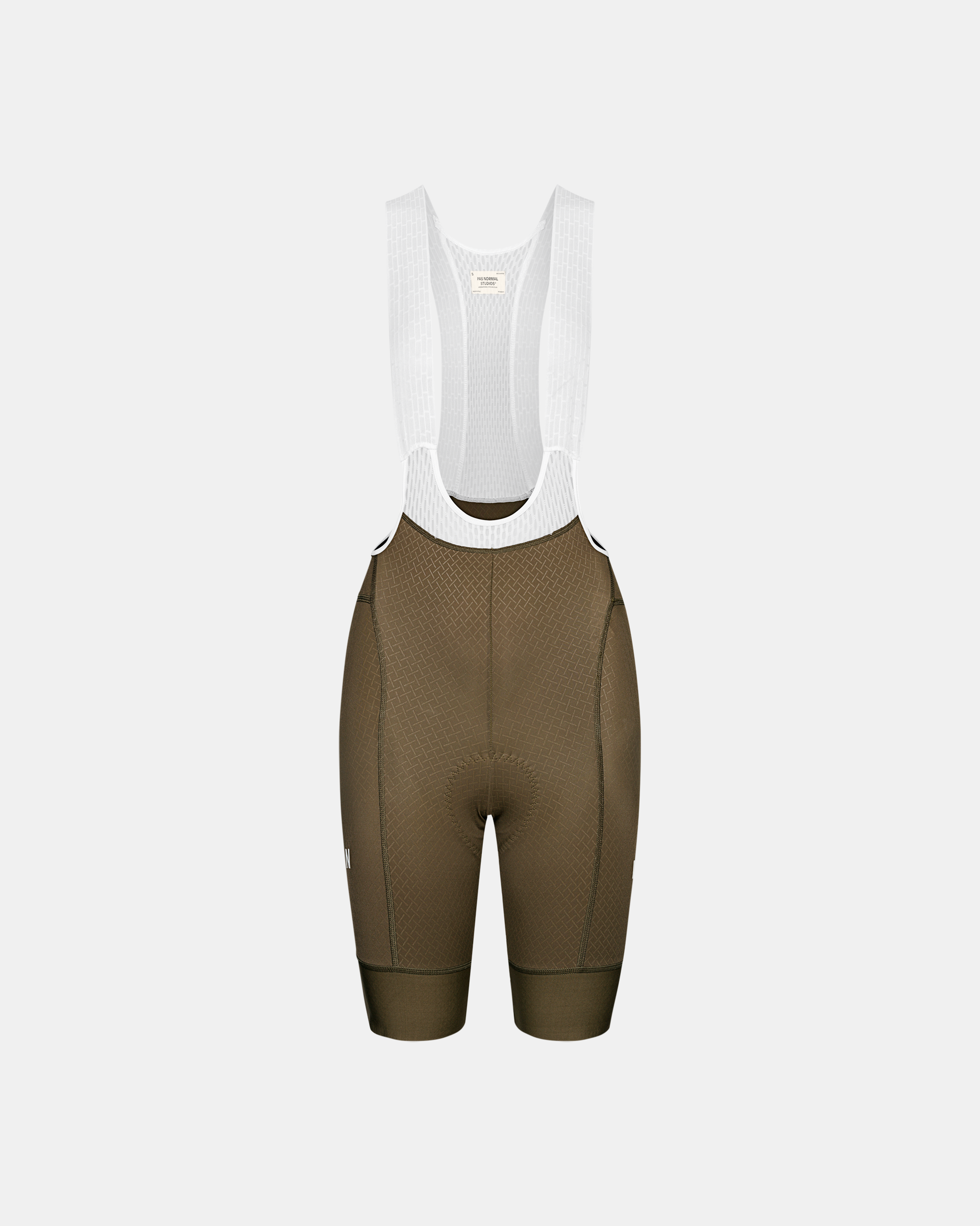 Brown Mechanism cycling bibs, front flat lay with white mesh straps