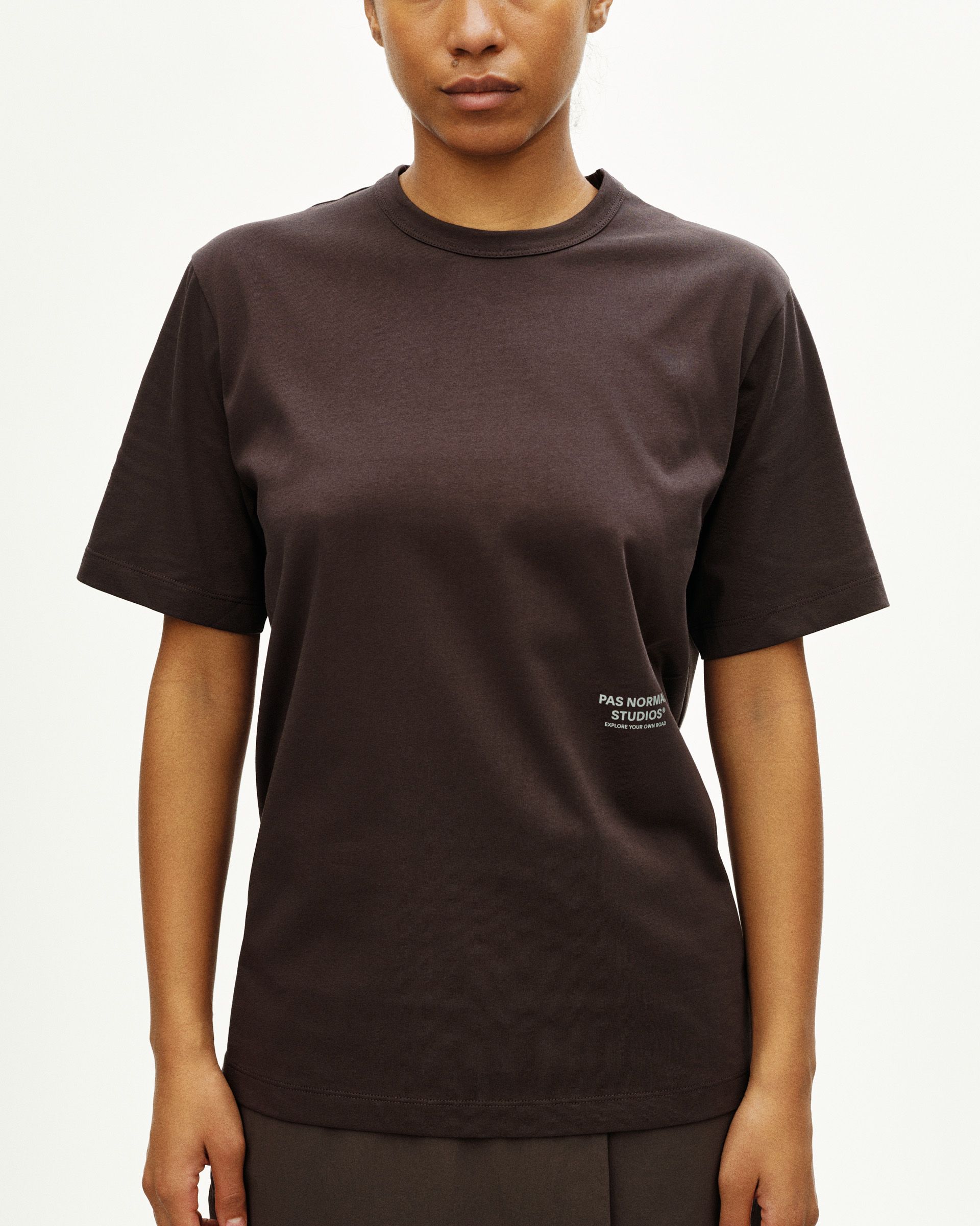 Dark Purple Off-Race Cotton Tech t-shirt on model with white logo print