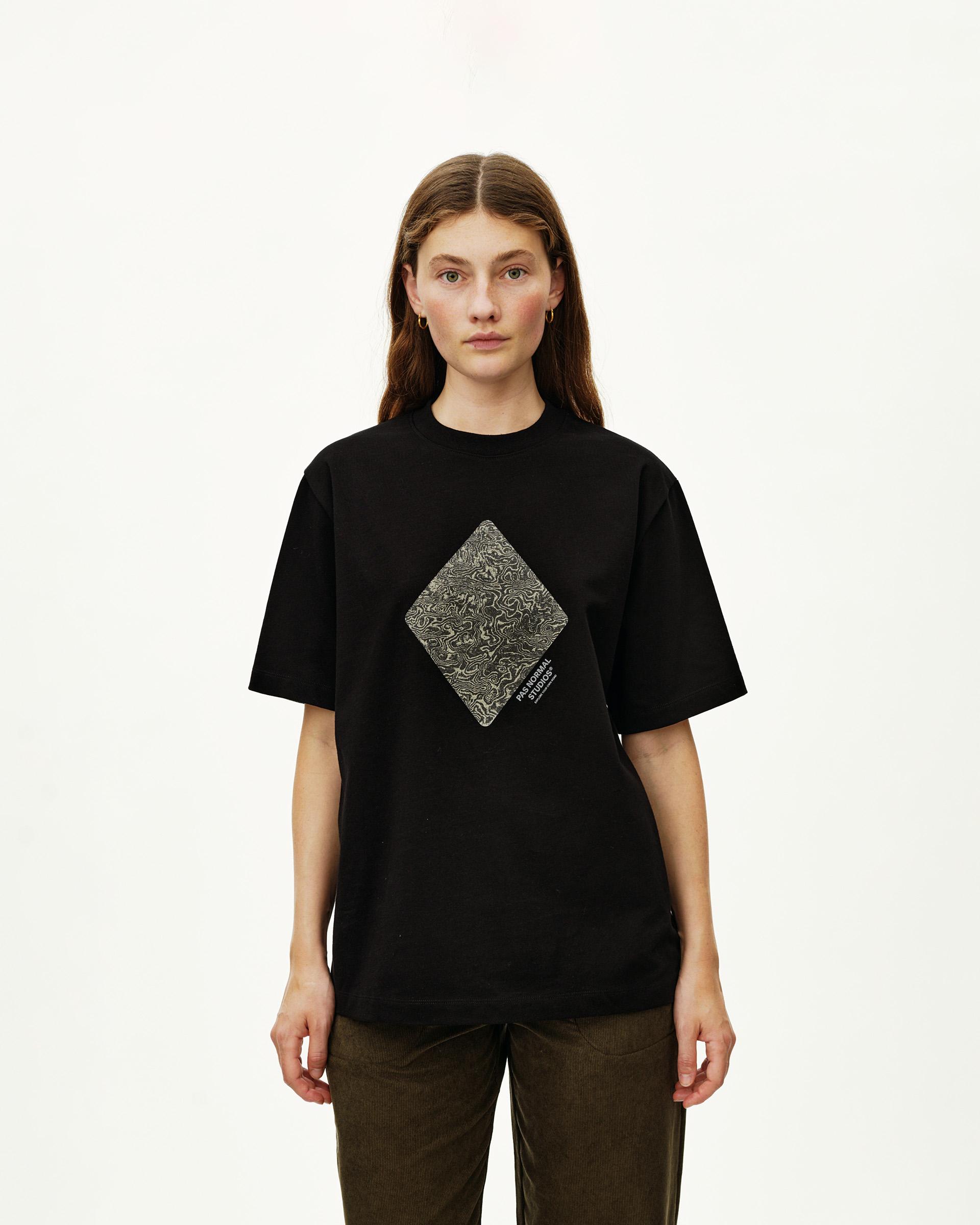 Black Off-Race Graphic T-shirt on model, front view with diamond topographic chest print