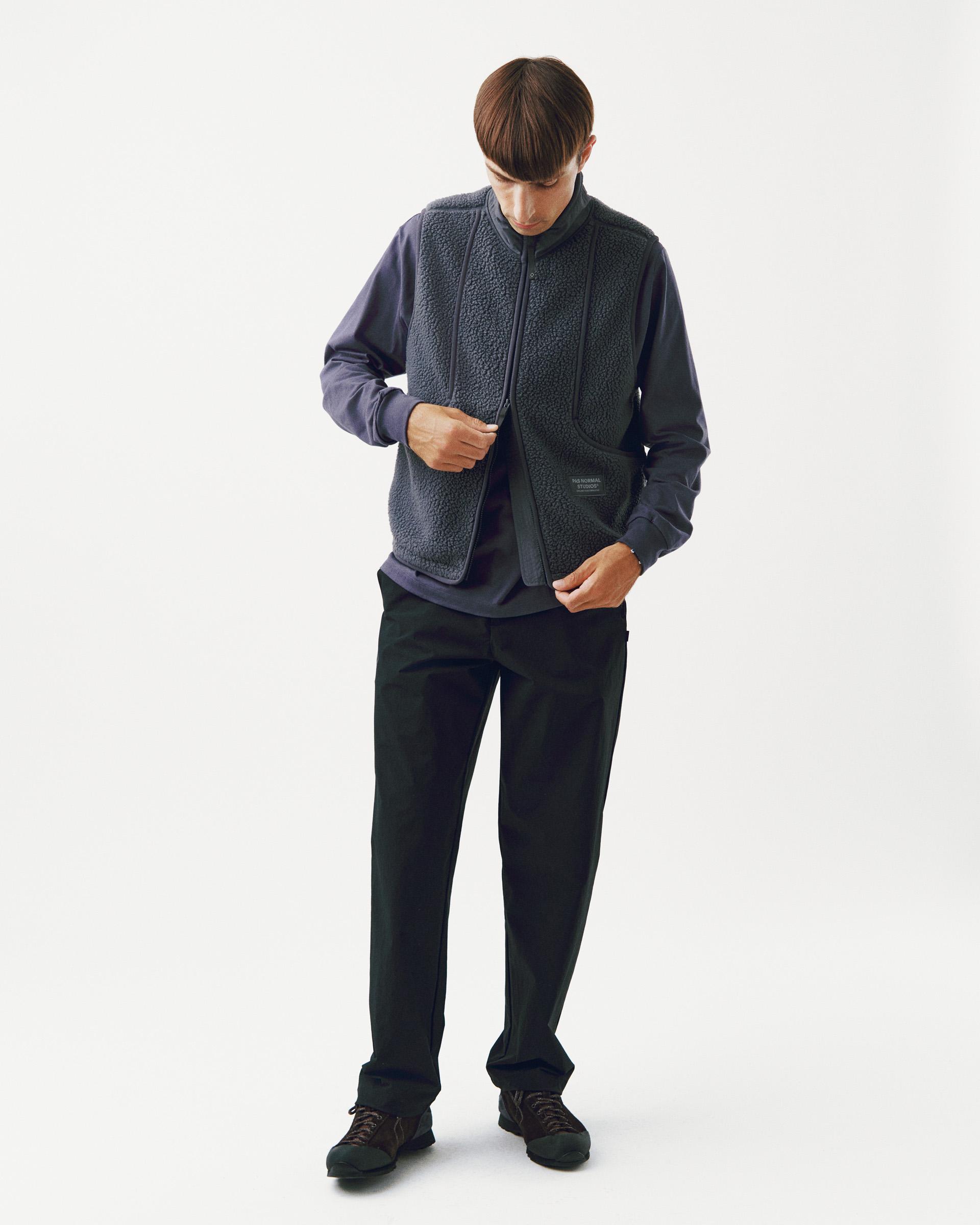 Grey Off-Race Pile Fleece vest on model, front view with textured fleece fabric