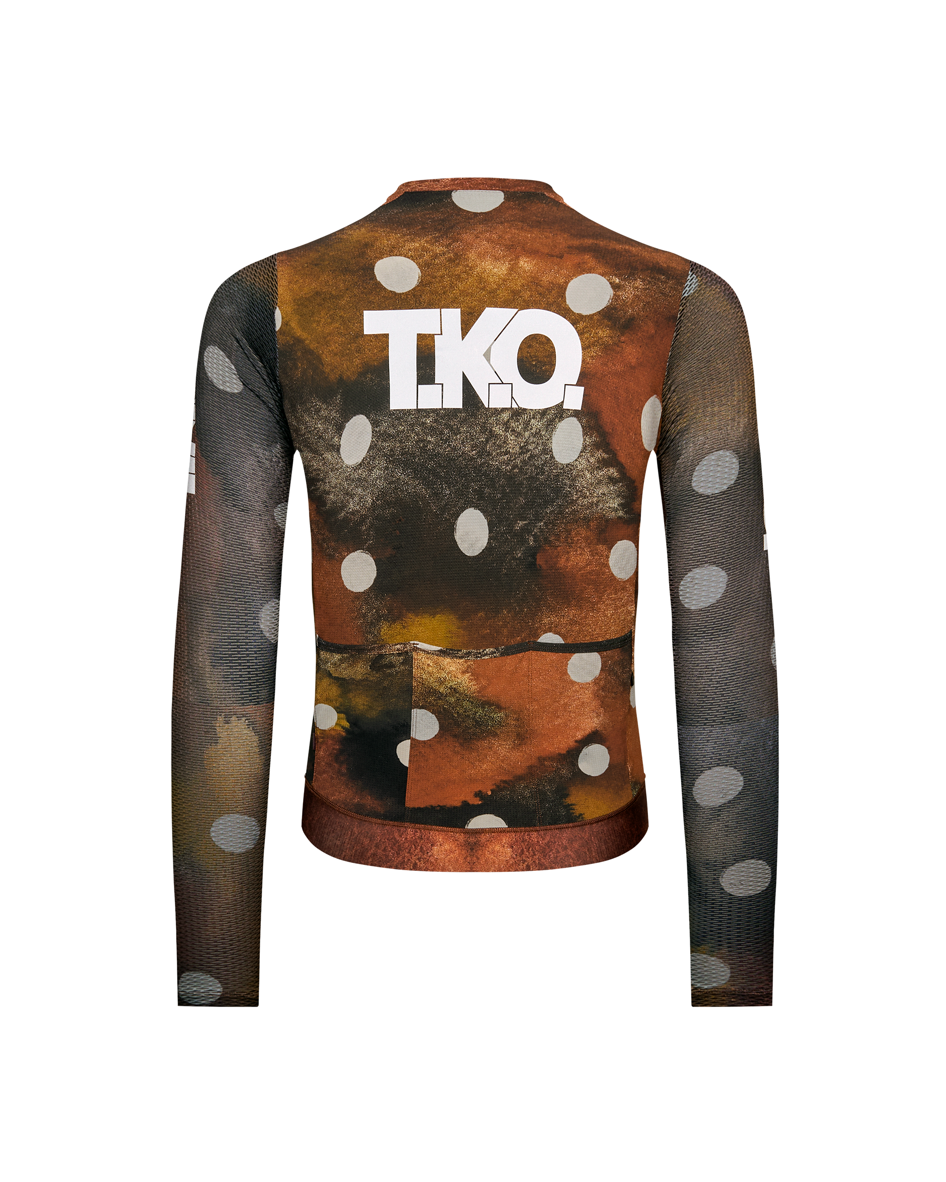 Brown T.K.O. Essential Light long sleeve cycling jersey, rear view with polka dot sleeves and earth-tone print
