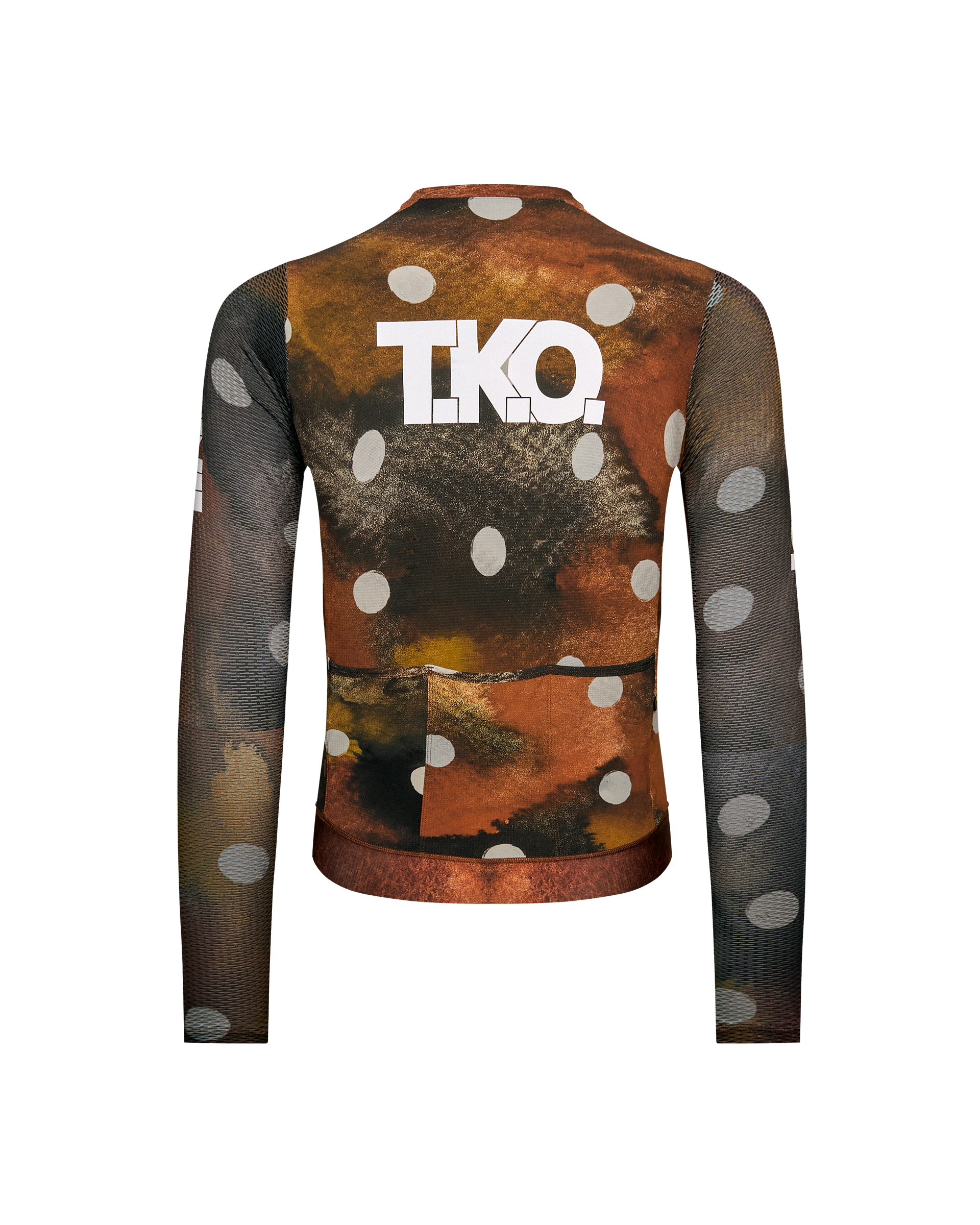 Brown T.K.O. Essential Light long sleeve cycling jersey, rear view with polka dot sleeves and earth-tone print