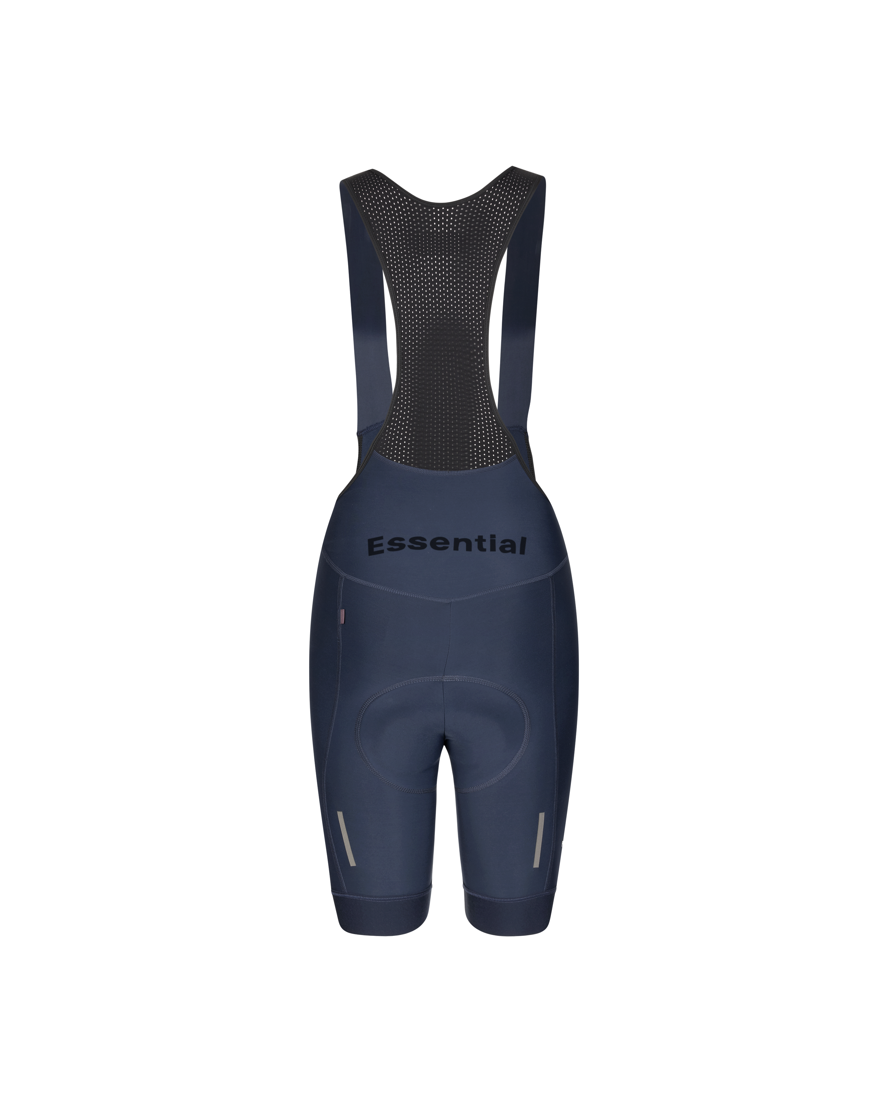Navy Essential Thermal cycling bibs, rear flat lay with mesh back panel and reflective leg details