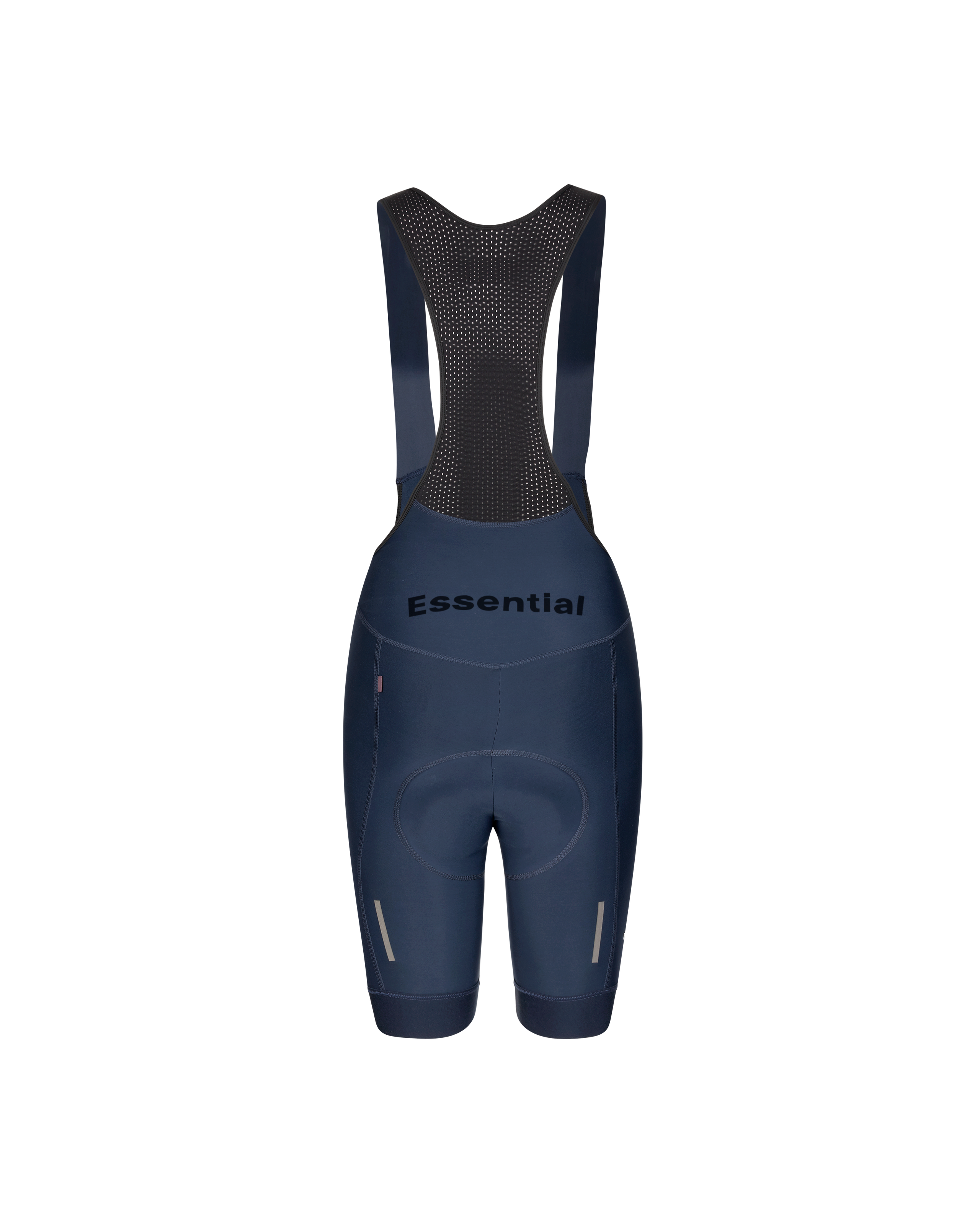 Navy Essential Thermal cycling bibs, rear flat lay with mesh back panel and reflective leg details