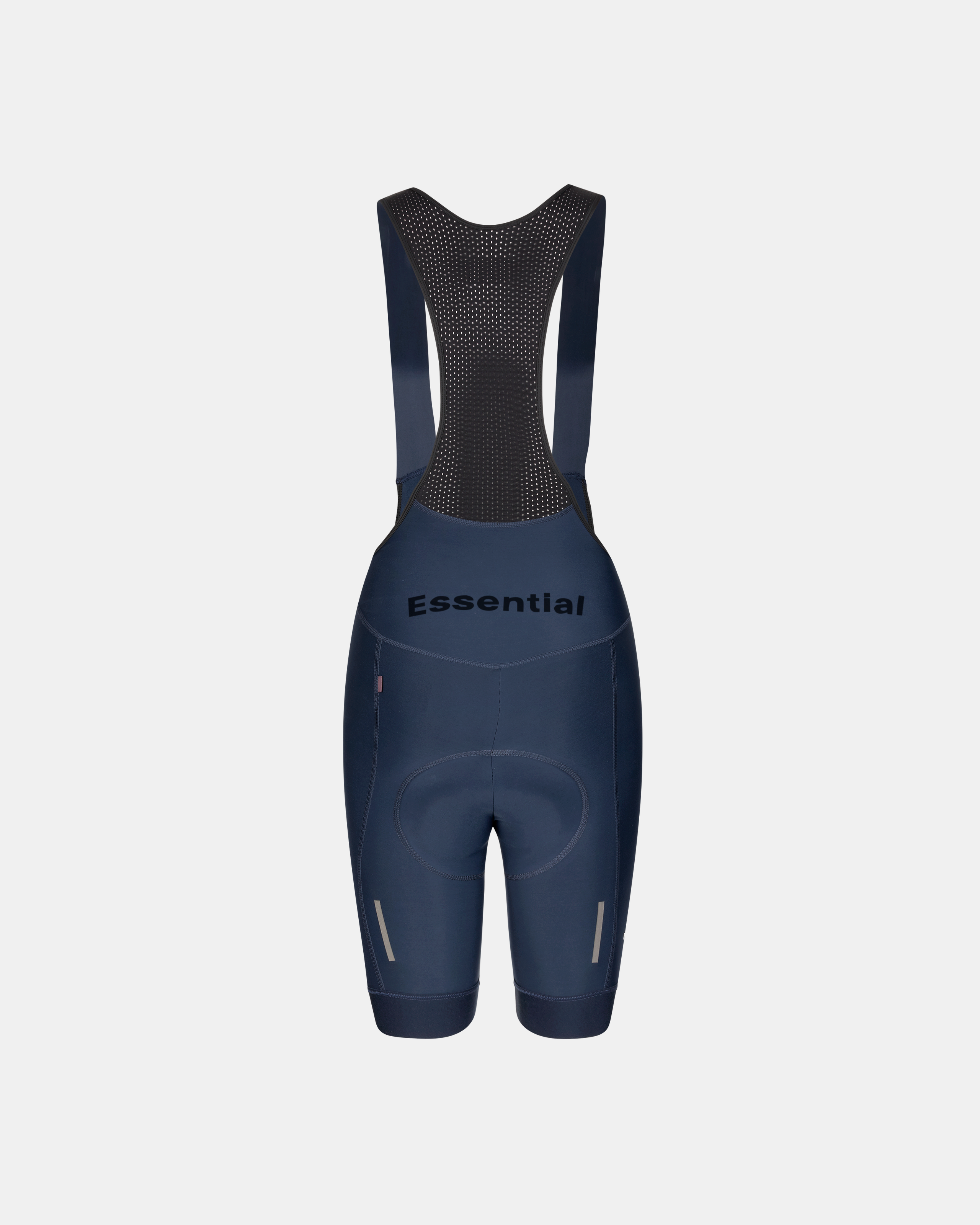 Navy Essential Thermal cycling bibs, rear flat lay with mesh back panel and reflective leg details