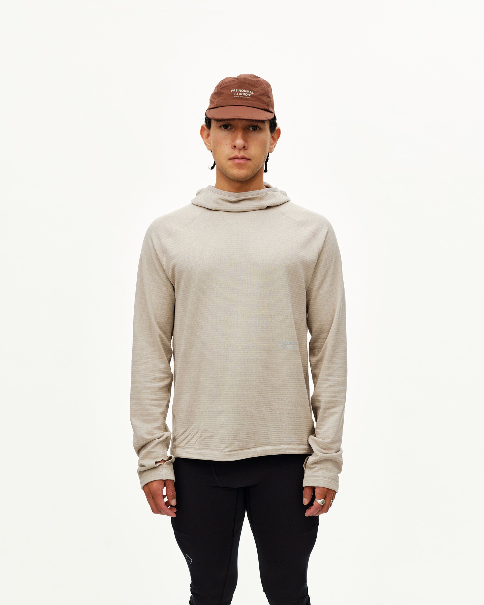 Haze purple Balance Thermal Hoodie on model, front view with hood and ribbed texture