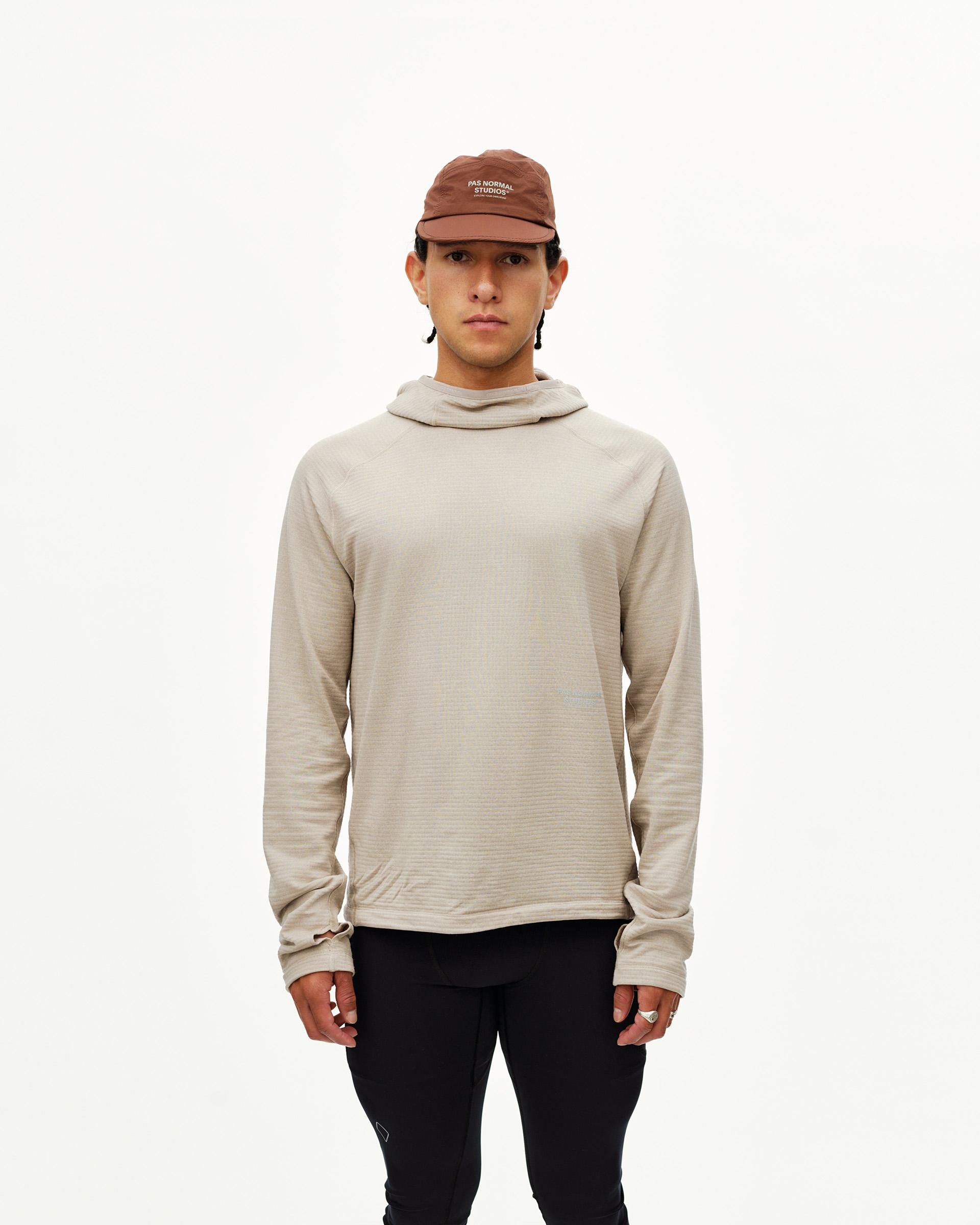 Haze purple Balance Thermal Hoodie on model, front view with hood and ribbed texture