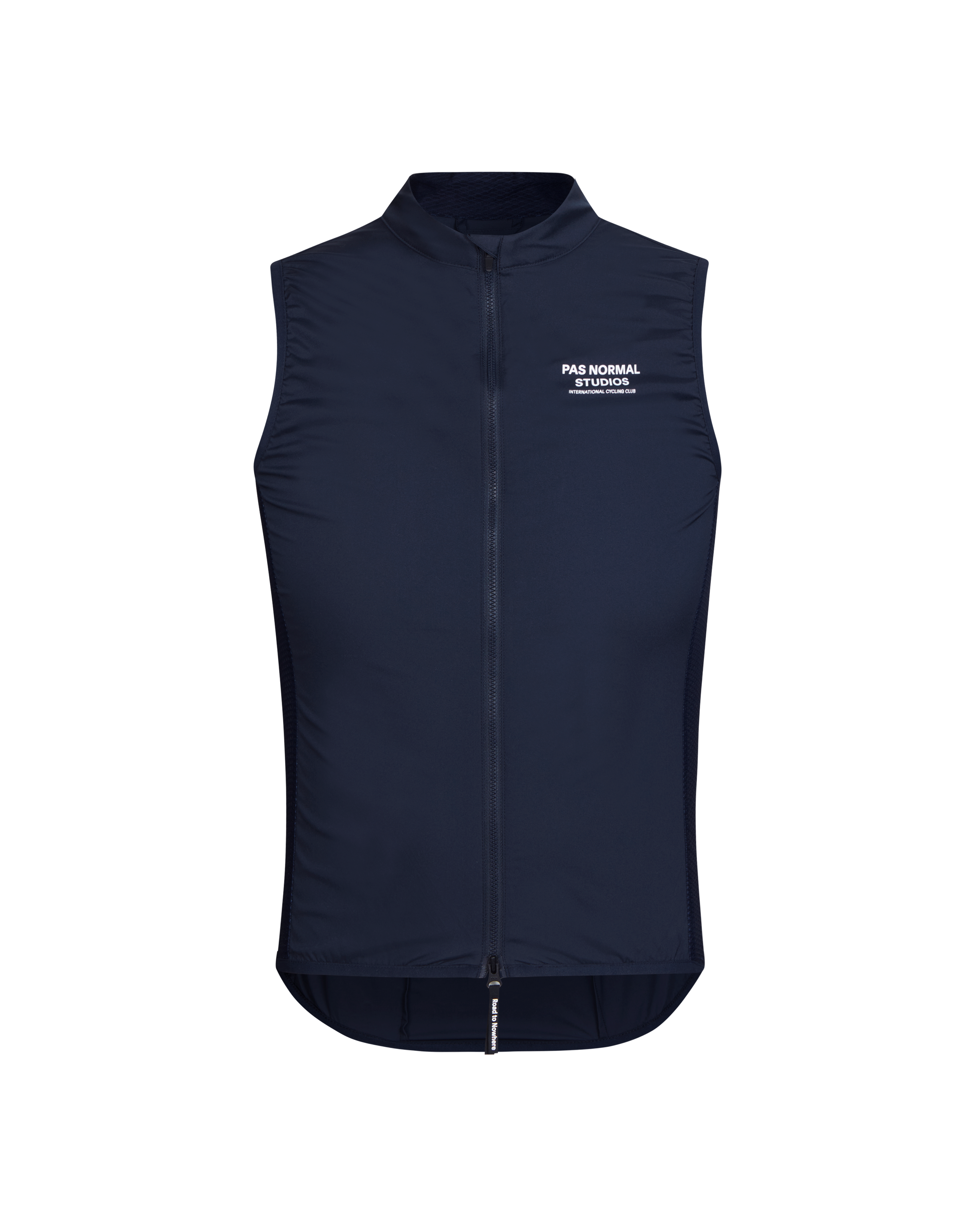Navy Mechanism Stow Away cycling gilet, front view with white chest logo
