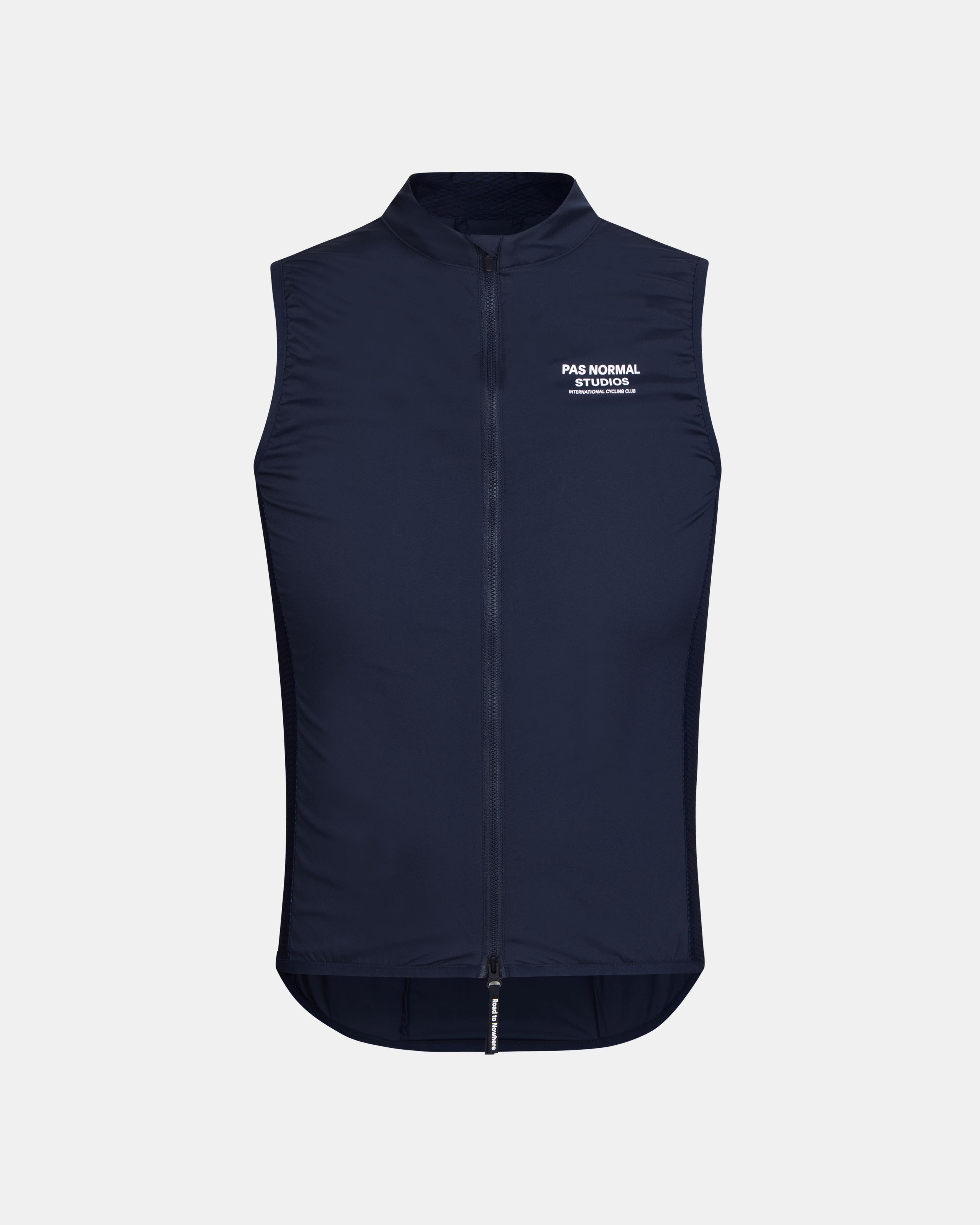 Navy Mechanism Stow Away cycling gilet, front view with white chest logo