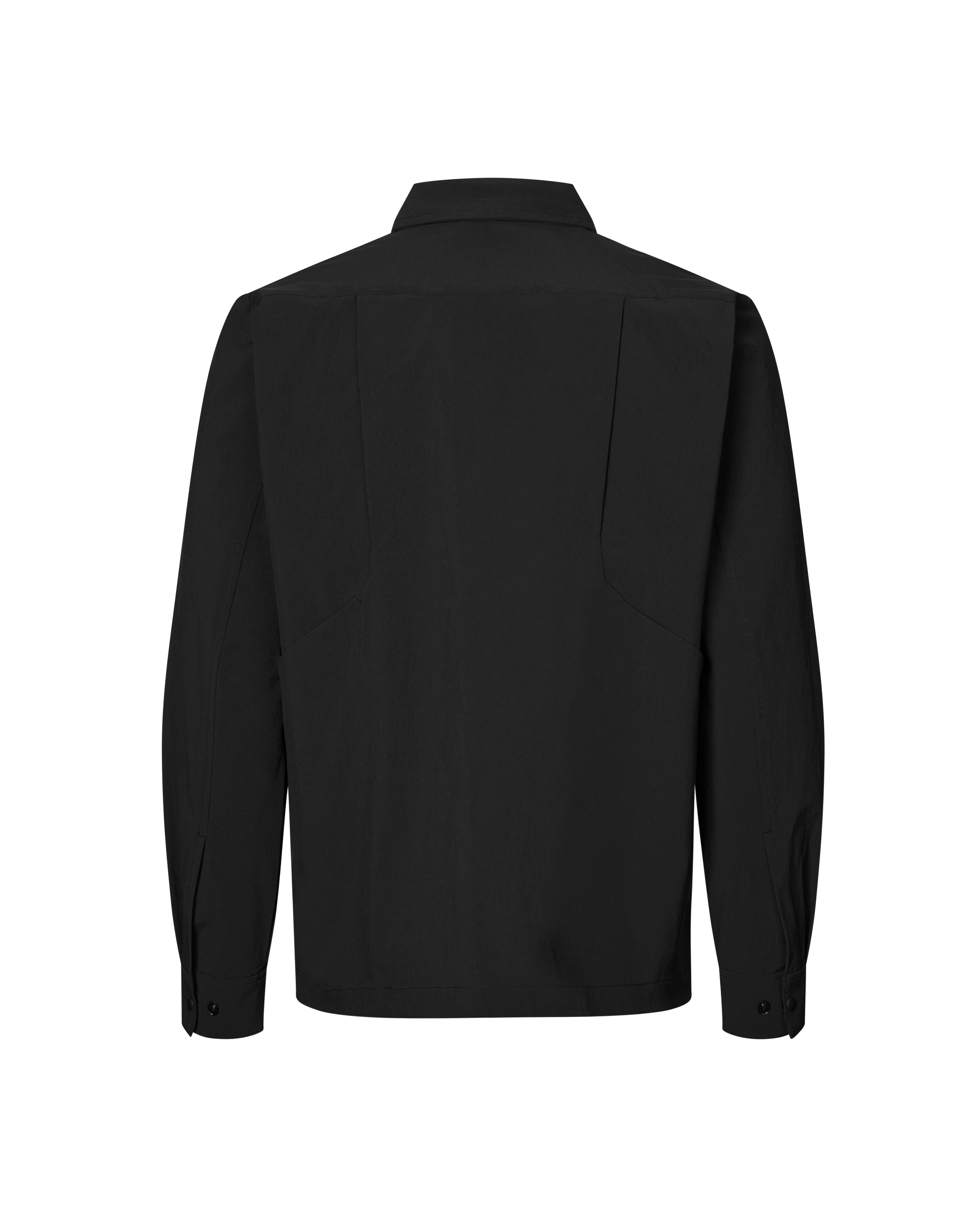 Black Off-Race Tech Overshirt, rear flat lay with buttoned cuffs