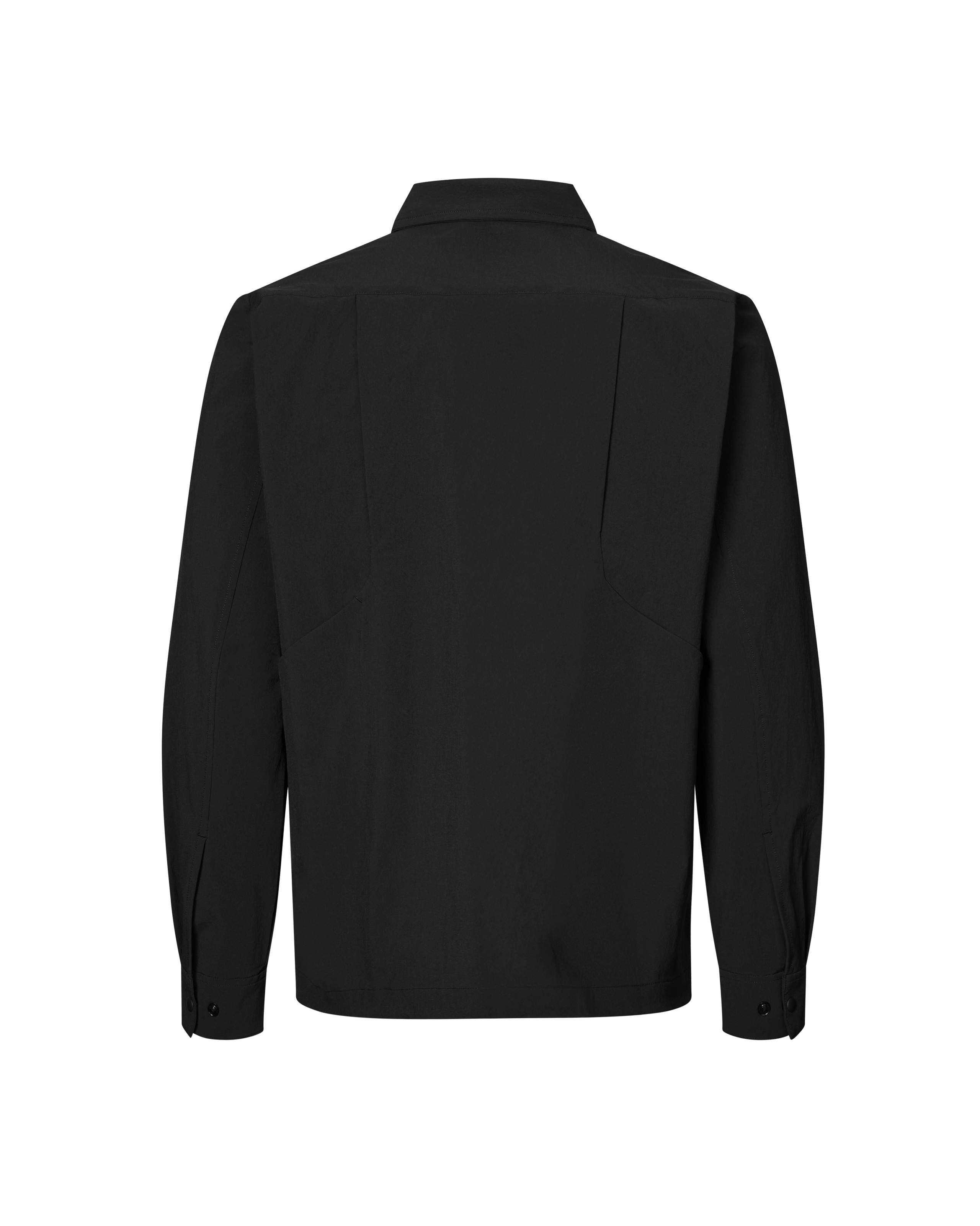 Black Off-Race Tech Overshirt, rear flat lay with buttoned cuffs