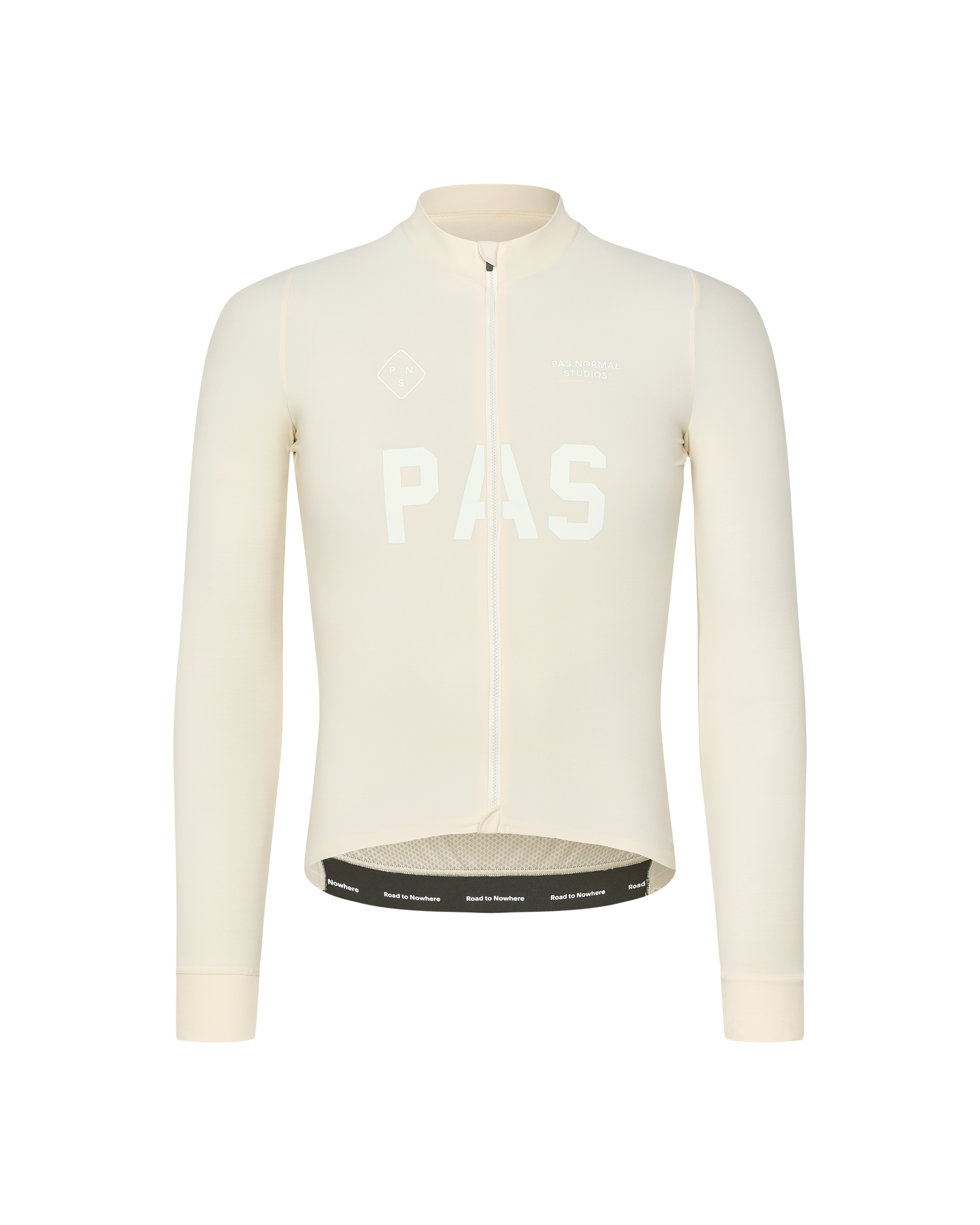 Sand PAS Mechanism long sleeve cycling jersey, front flat lay with tonal chest print and branded hem band