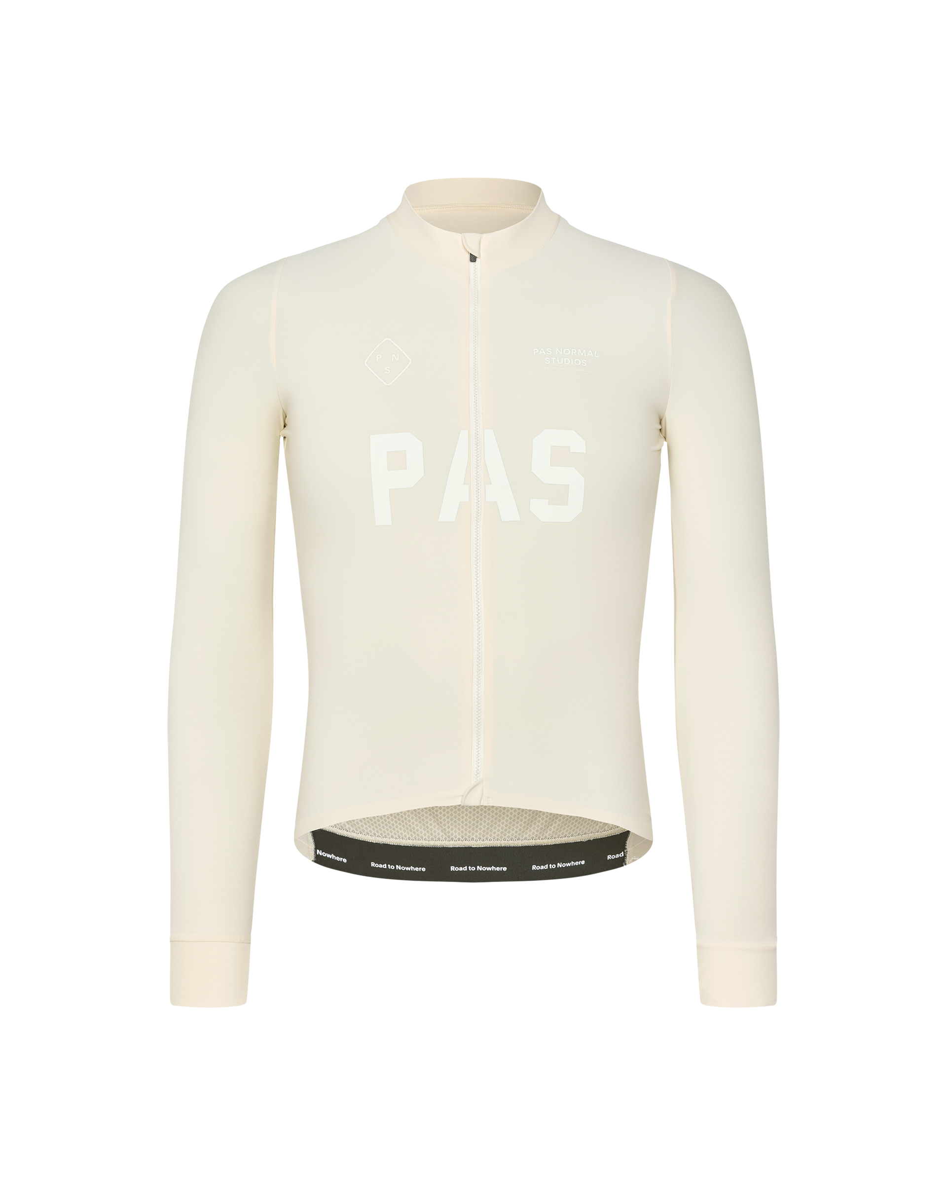 Sand PAS Mechanism long sleeve cycling jersey, front flat lay with tonal chest print and branded hem band